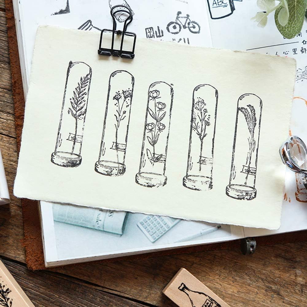 Juego de 7 sellos de goma de madera vintage, para plantas y flores, para manualidades, diario de letras y álbumes de recortes