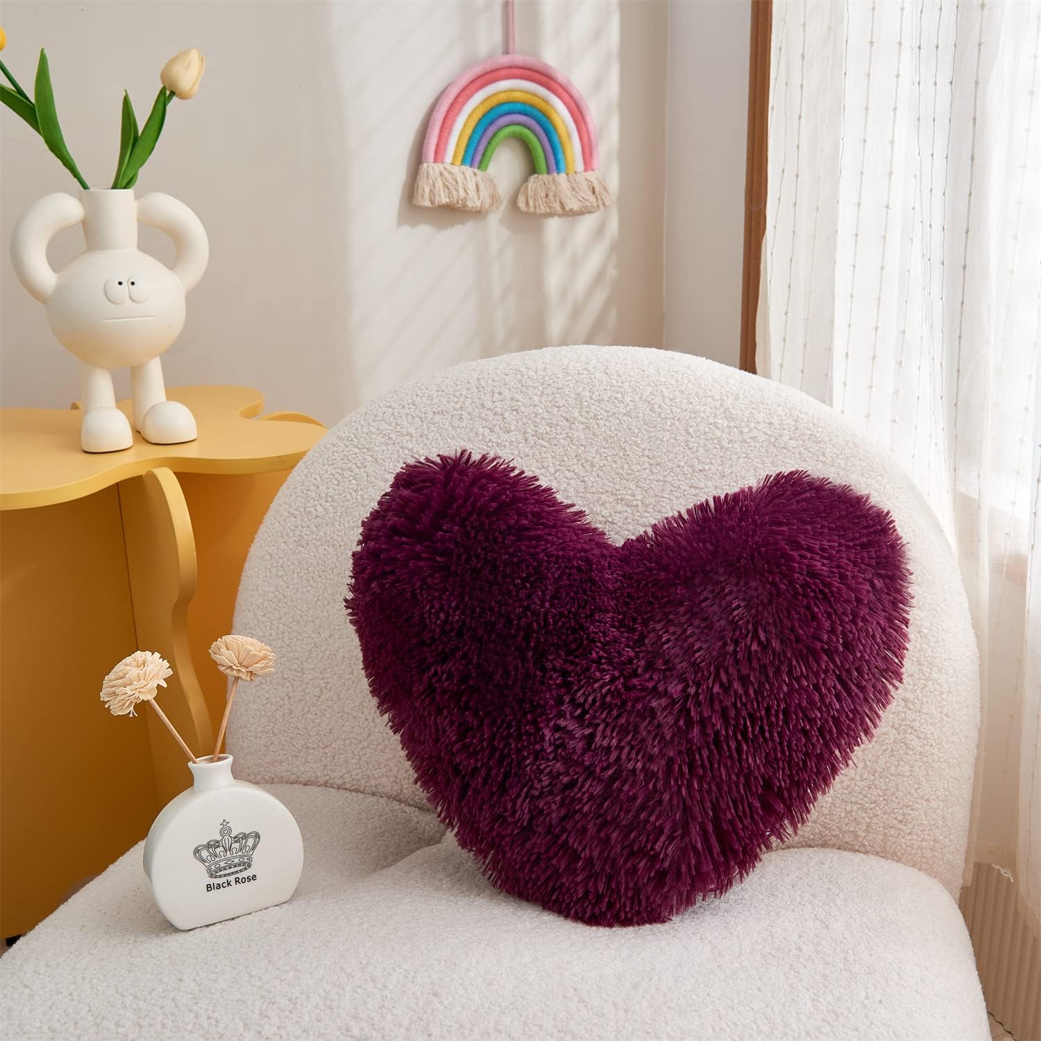 MOOWOO Decoraciones navideñas, almohada de corazón morado ciruela, almohada de piel sintética, almohada de felpa suave en forma de corazón, felpa