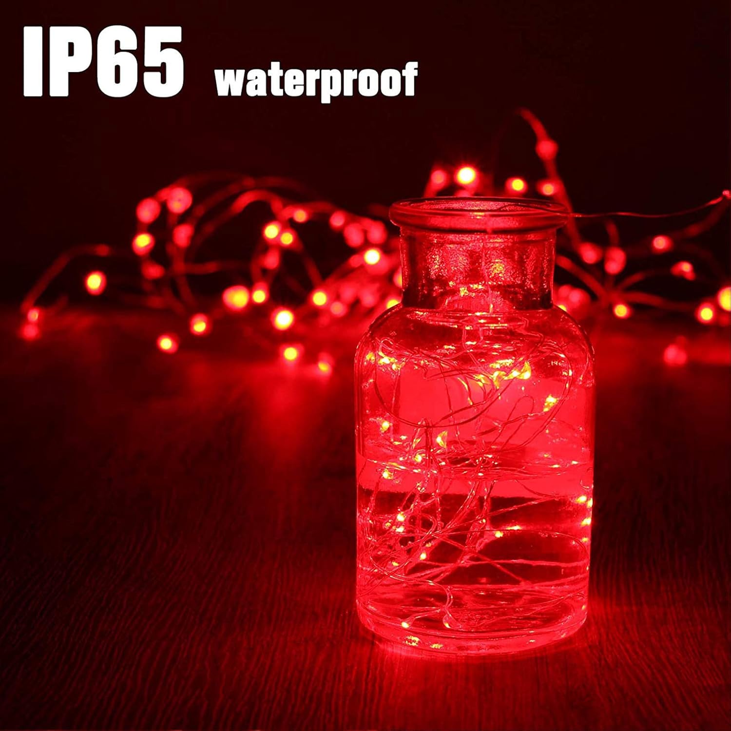 Guirnalda de luces de alambre plateado con enchufe de 33 pies, 100 luces LED con carrete, color rojo