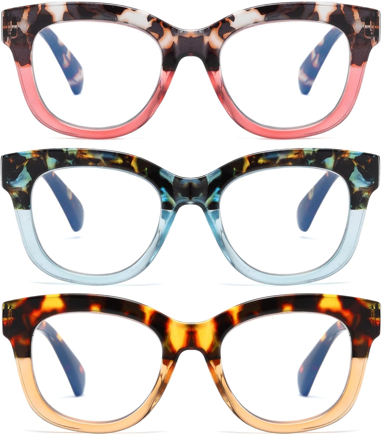 ZXYOO Gafas de lectura de gran tamaño para mujer, paquete de 3 unidades con bloqueo de luz azul, lectores de bisagra de resorte para computadora