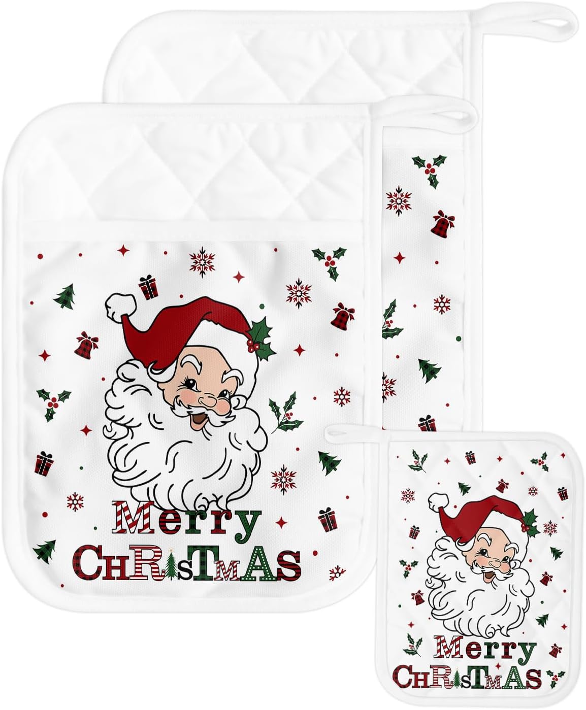 Merry Christmas 2Pcs Pot Holders for Kitchen,Non Slip & Heat Insulation Terry Cloth Potholder Set with Pocket,Thick Hot Pad Oven Mitts Trivet