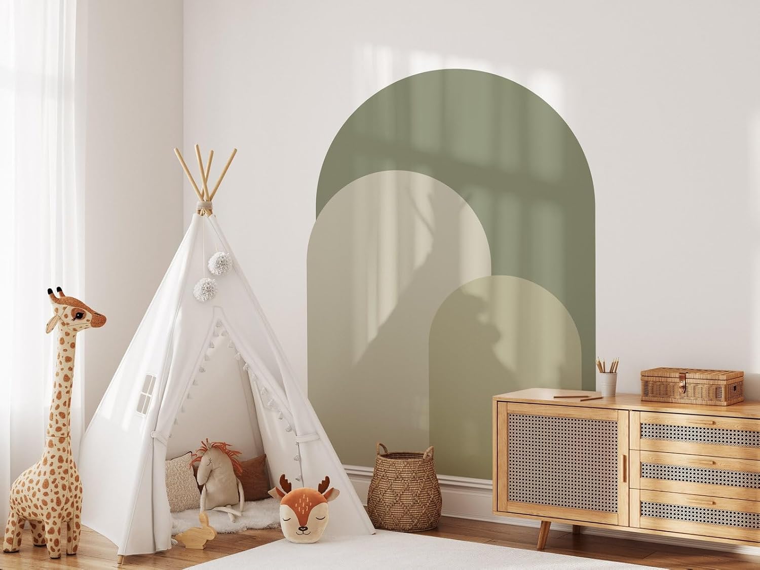 Calcomanía de pared de arco moderno verde oliva, adhesivo de pared para despegar y pegar, mural bohemio autoadhesivo extraíble, calcomanía para