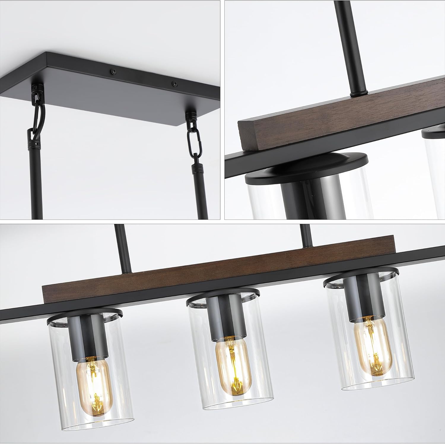 Iluminación de isla de cocina, 5 luces, lámpara colgante de araña lineal sobre mesa de comedor, sala de estar con varillas ajustables, negro y madera