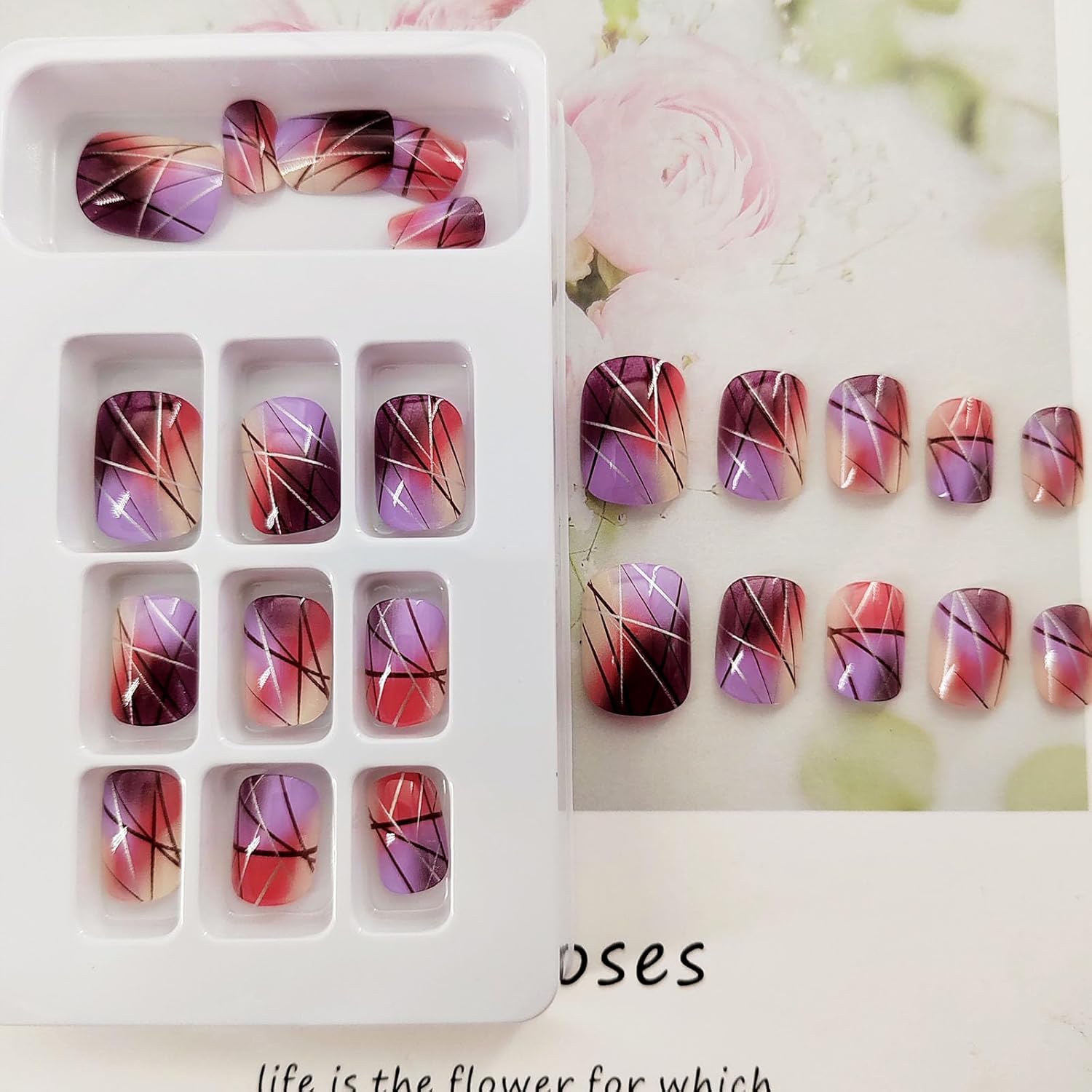Uñas postizas cuadradas cortas a presión, uñas postizas con patrón de diseños, uñas acrílicas brillantes con pegamento, cobertura completa, uñas