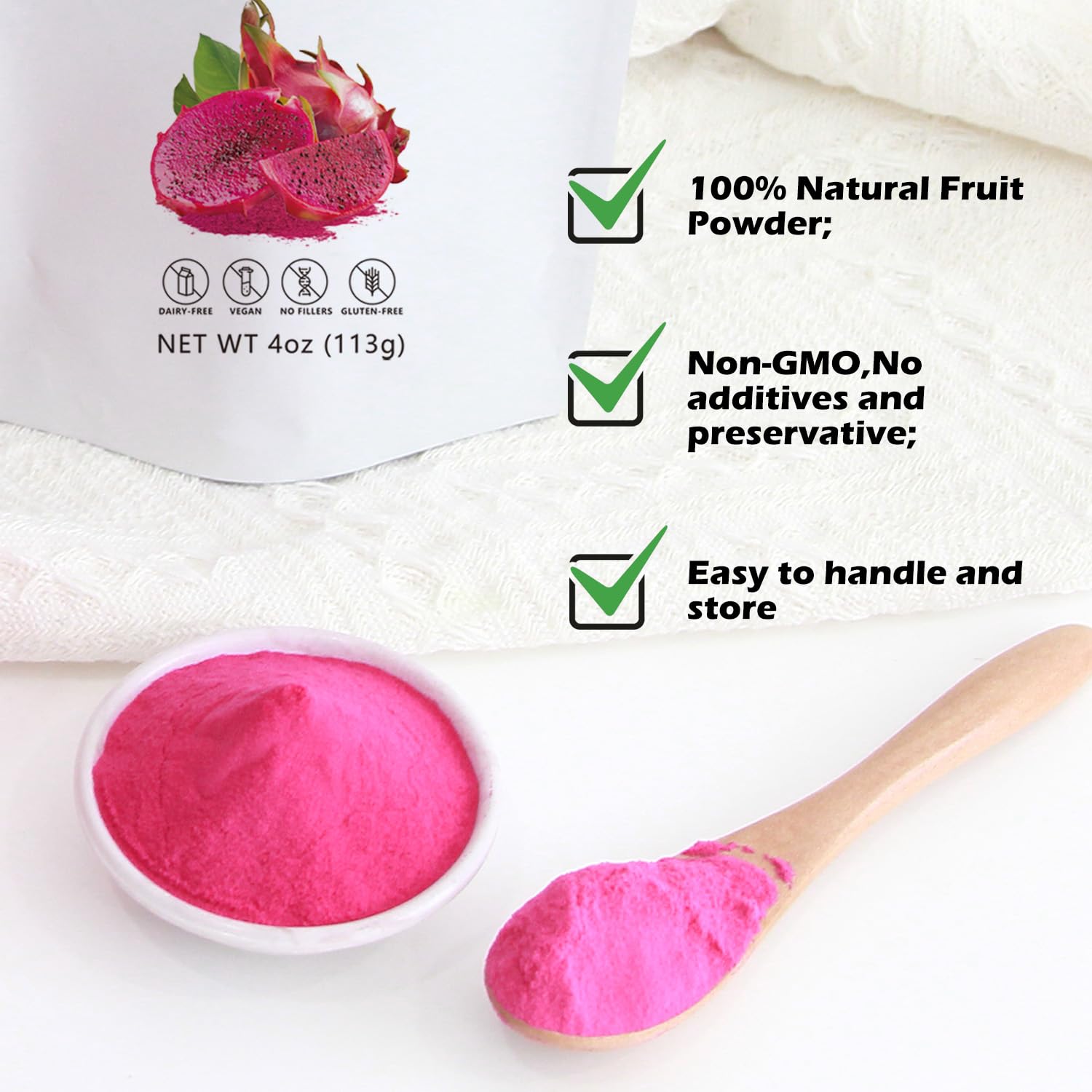 Polvo de fruta del dragón, vegano, sin OMG, sin gluten, sin aditivos ni conservantes, 4 onzas