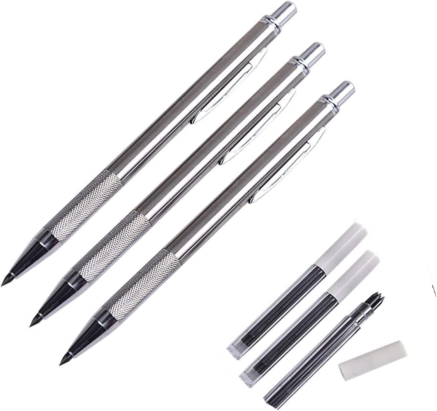 WarmShine – 3 portaminas de metal de 0.118in con soporte de plomo 3.0 y 12 minas (plateado)