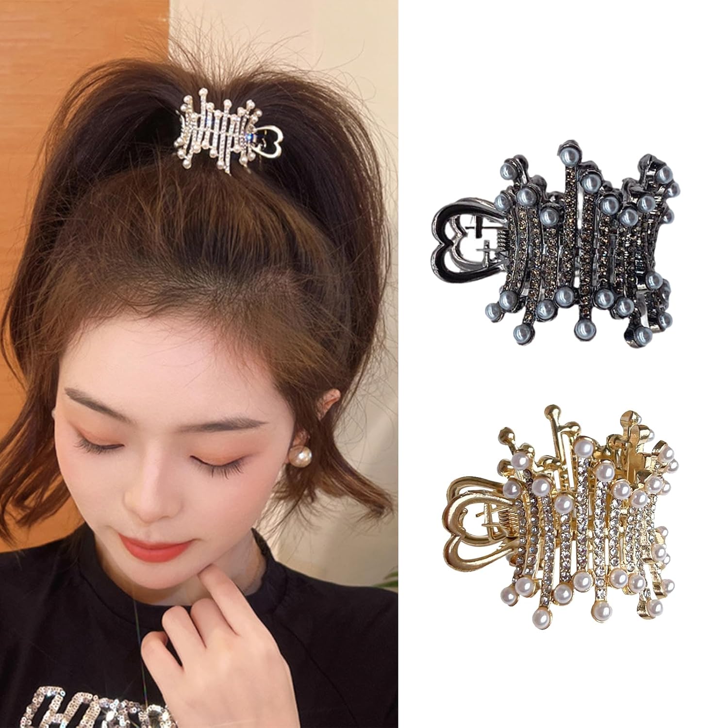 2 pinzas pequeñas de diamantes de imitación para el cabello, perlas de metal, pinza de cola de caballo de cristal, para mujeres y niñas, accesorios