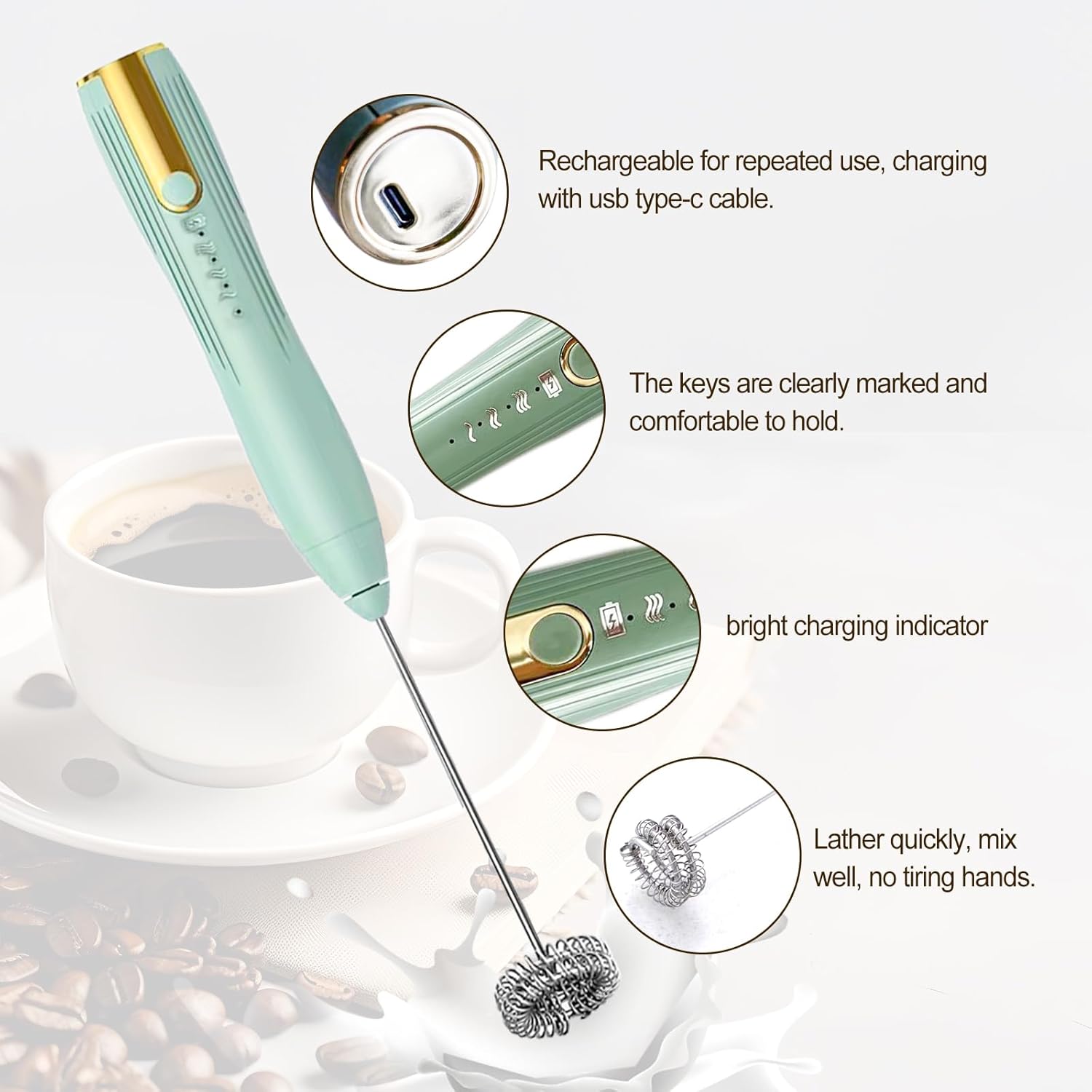 Potente espumador de leche de mano, máquina de espuma eléctrica recargable por USB para café, mini espumador de leche, mezclador de bebidas de acero