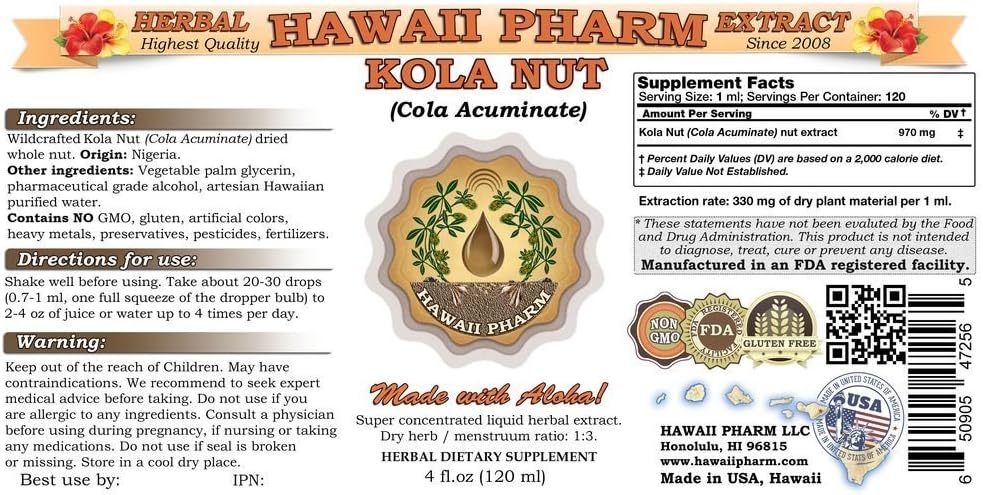 HawaiiPharm Extracto líquido de nuez de cola, suplemento herbario de tintura de nuez de cola (acuminada de cola) 2 onzas