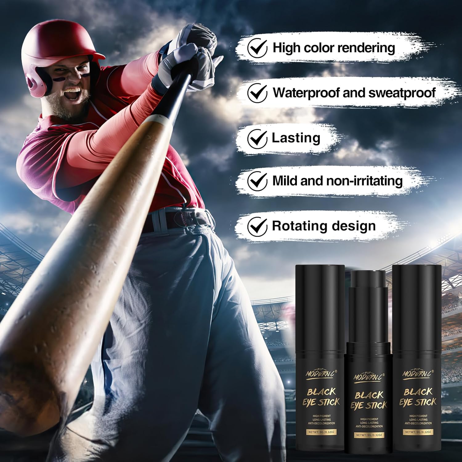 Palos negros de ojo, 3 piezas para fútbol, béisbol, softbol, atletas, juegos deportivos, antirreflejos, fútbol, lacrosse, hockey, pintura facial,