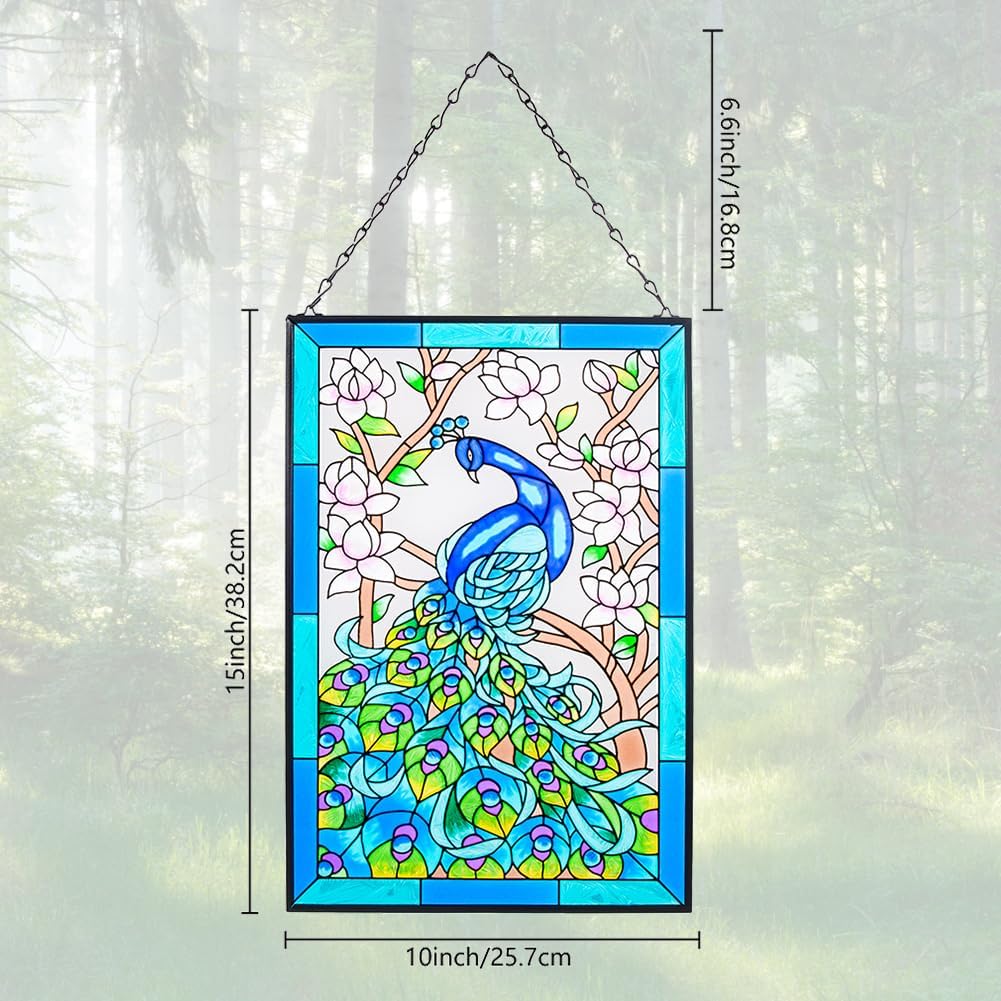 VEWOGARDEN Atrapasoles de cristal artístico de pavo real de 10 x 15 pulgadas de alto, pintado a mano, decoración de panel con cadena