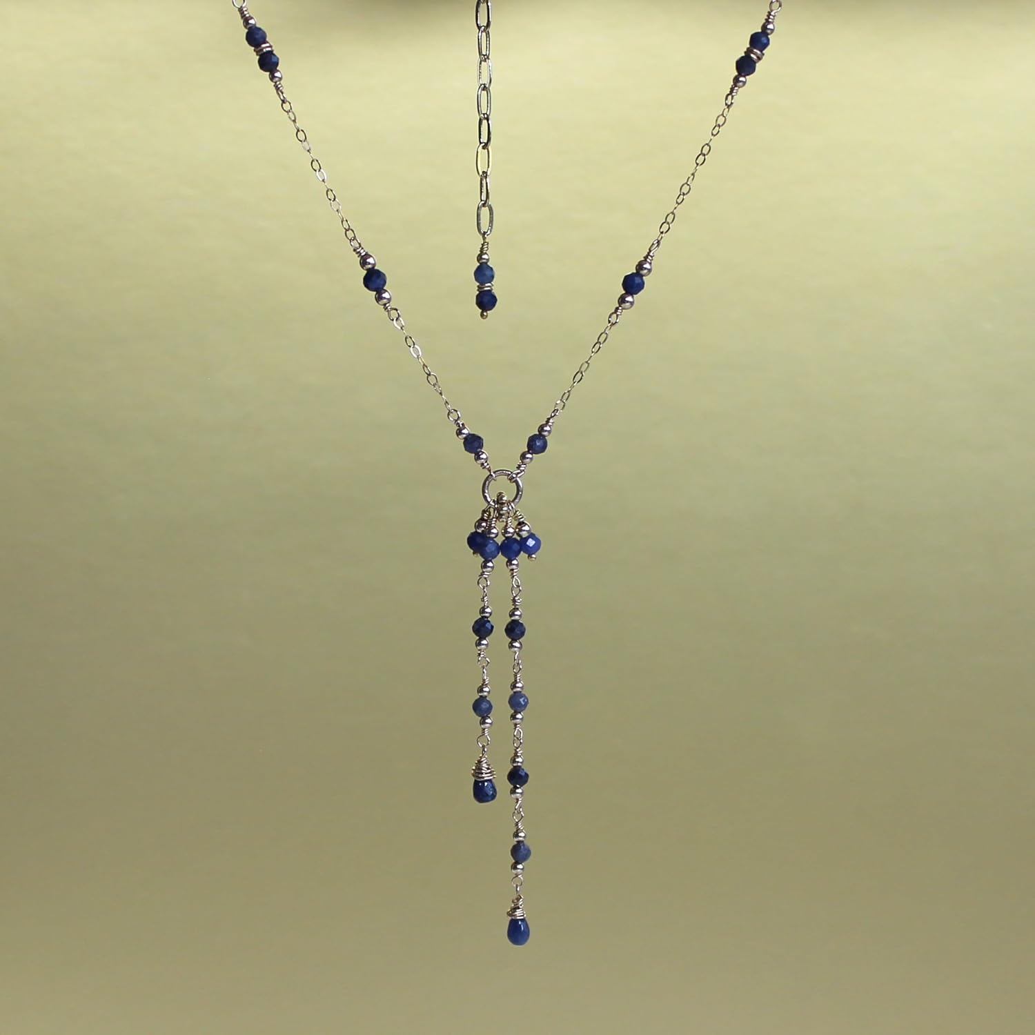 Blue Sapphire Lariat 14K Gold Filled Chain Tassel Necklace, Y Delicate Chain Necklace. Gifts for Women (17″ + 2.5″ extender, 925 sterling silver)