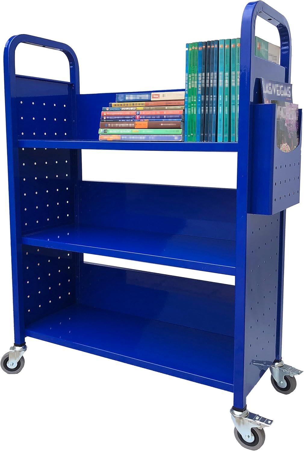 Carrito de libros con 3 estantes planos, carrito de libros de biblioteca con ruedas giratorias bloqueables 3001 azul
