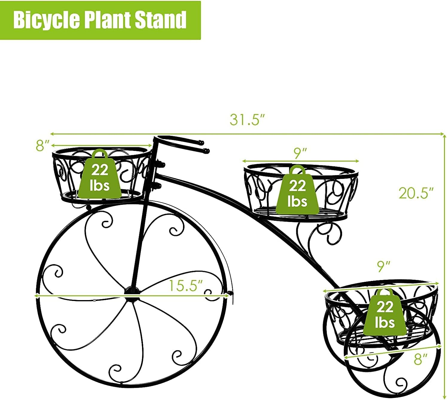 Giantex Maceta de metal para bicicleta, soporte de 3 niveles para plantas de flores con 3 ruedas decorativas, soporte de exhibición de flores de