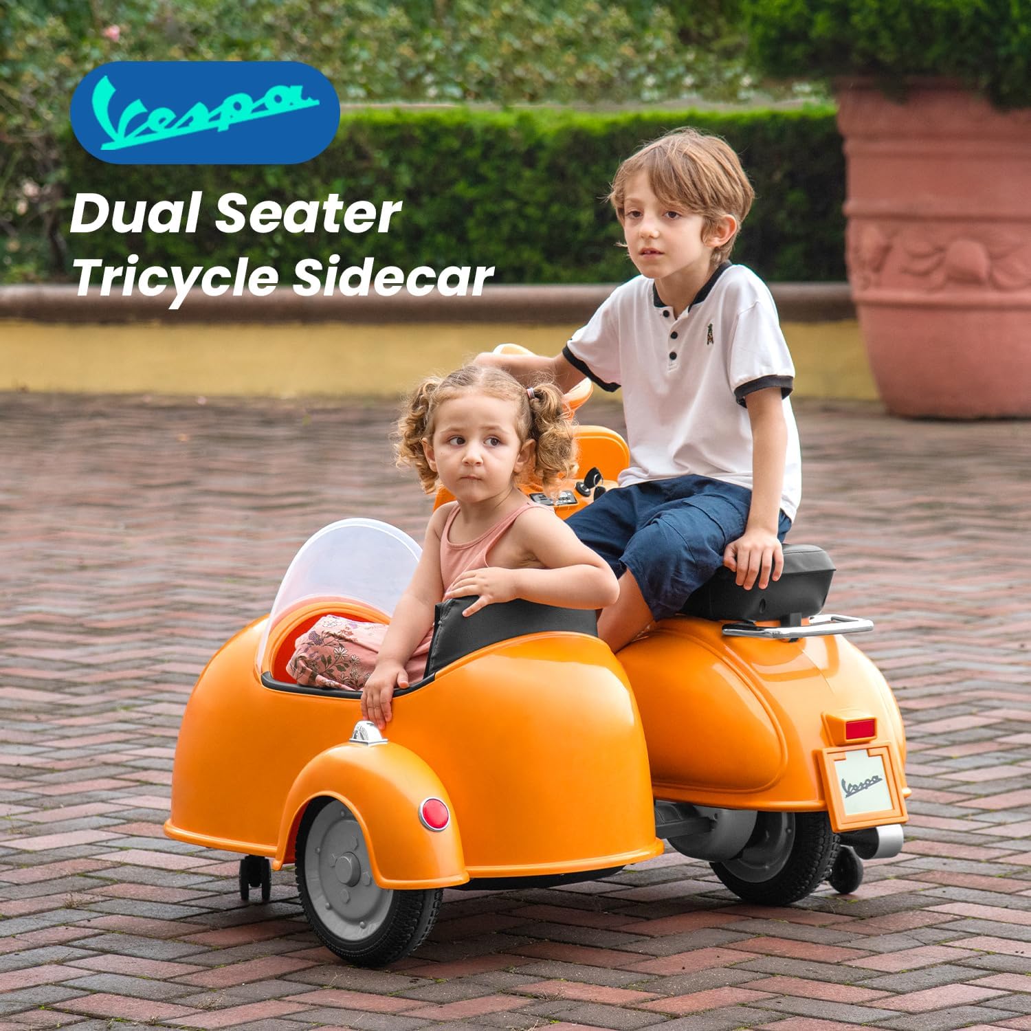 Motocicleta eléctrica Vespa con sidecar con licencia – Auto eléctrico de 12 V para niños y niñas – 2 plazas con compartimento de almacenamiento,