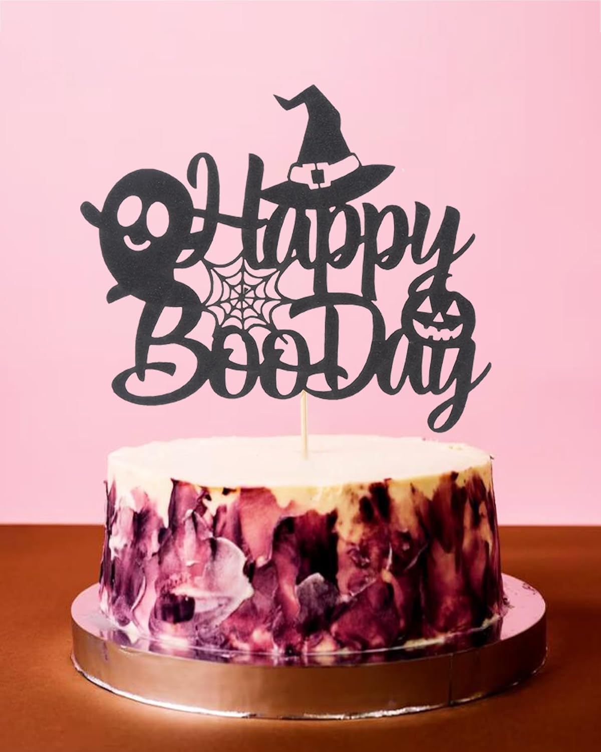 Decoración para pastel de Happy Boo Day  Decoración negra para pastel de fantasma, decoración de fiesta de cumpleaños de Halloween con purpurina