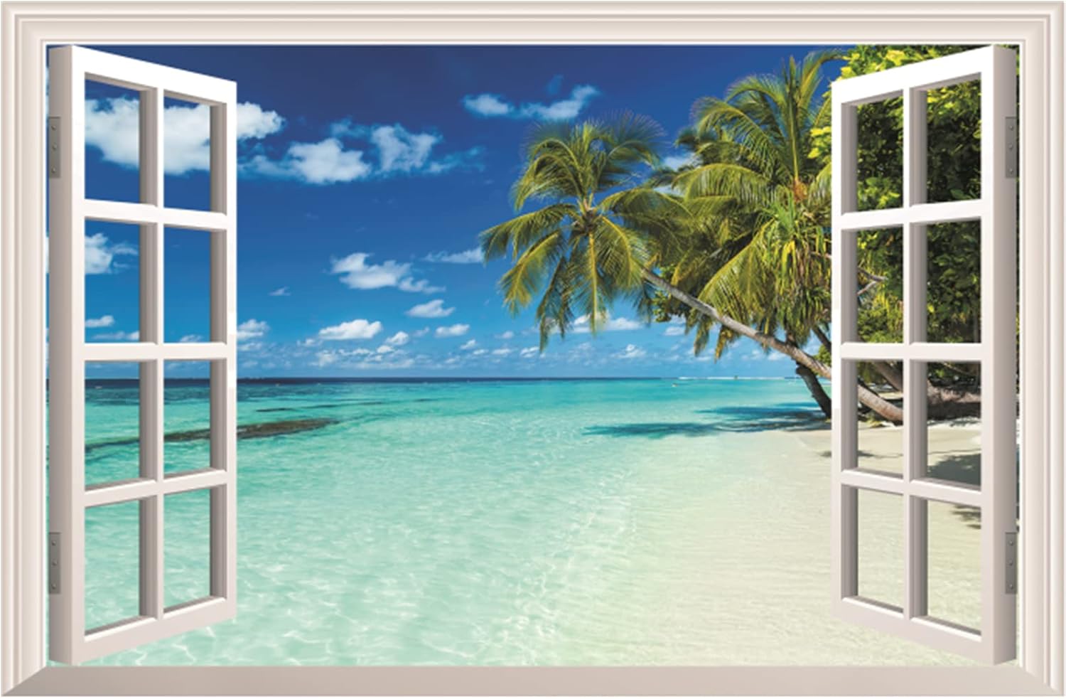HOTIYOK Pegatinas de pared de ventanas falsas de paisaje marino azul, palmeras verdes, mural de pared para ventana falsa de paisaje tropical del