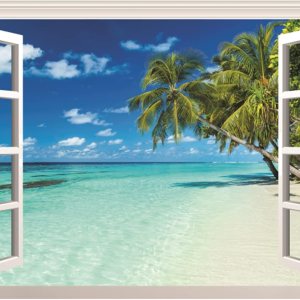 HOTIYOK Pegatinas de pared de ventanas falsas de paisaje marino azul, palmeras verdes, mural de pared para ventana falsa de paisaje tropical del HOTIYOK Pegatinas de pared de ventanas falsas de paisaje marino azul, palmeras verdes, mural de pared para ventana falsa de paisaje tropical del