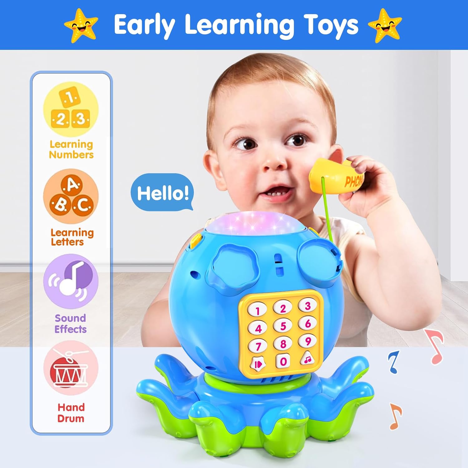 Juguetes para bebés de 6 a 12 meses, juguete musical interactivo de pulpo, de 12 a 18 meses, tiempo boca abajo con luz y sonido, 7, 8, 9, 10, 11