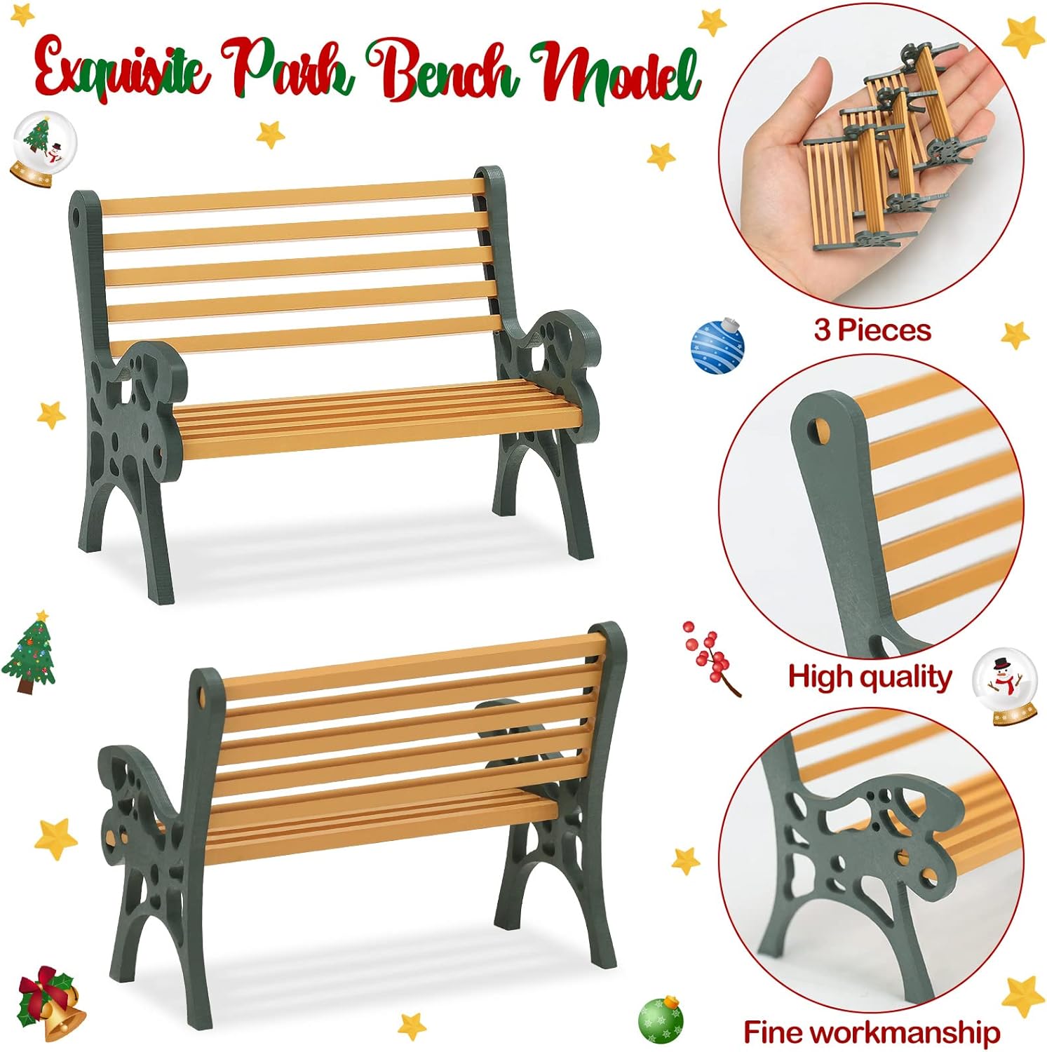 Banco de pueblo navideño en miniatura, 3 piezas, accesorios de aldeas navideñas, banco de casa de muñecas de Navidad, figuras coleccionables,