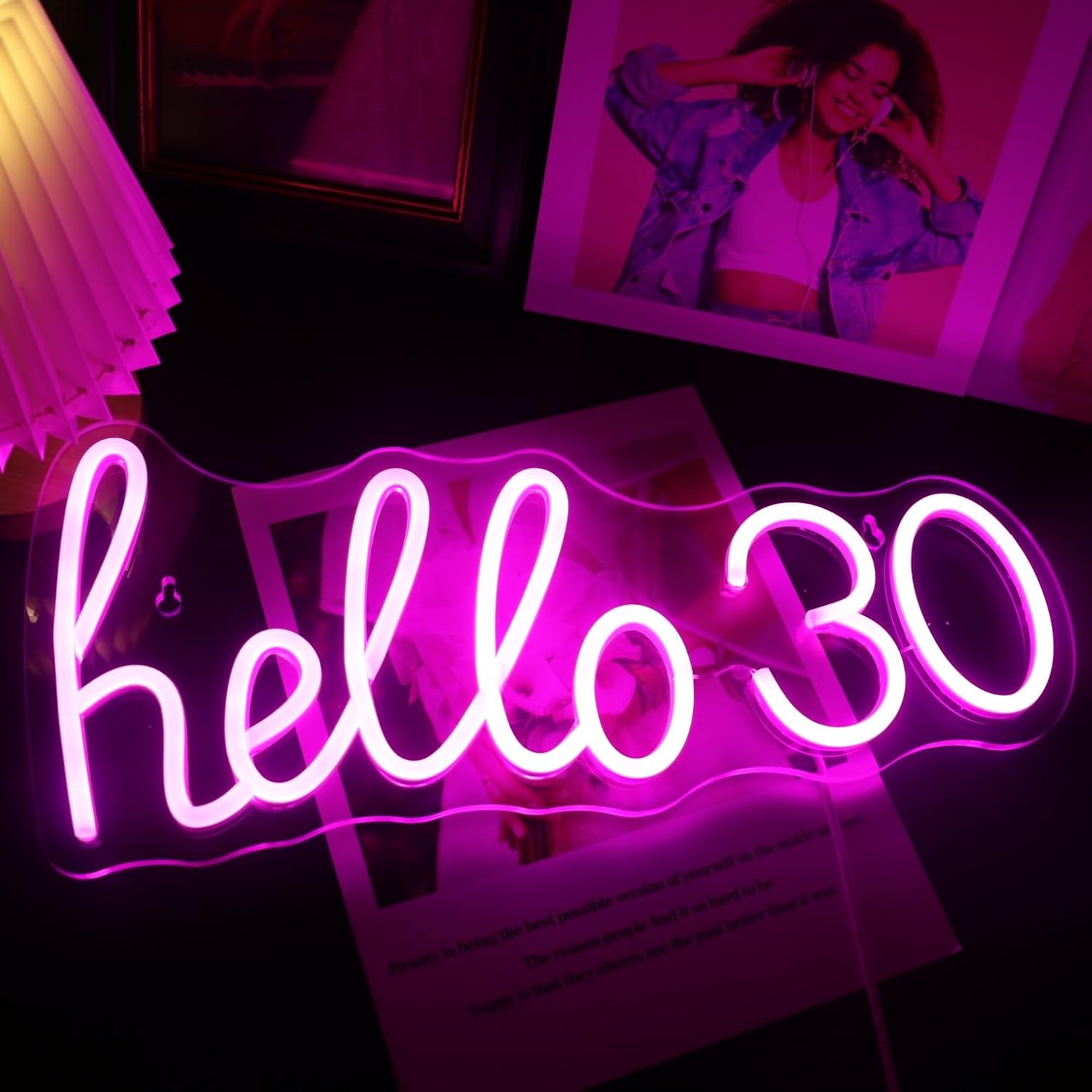 Letrero de luz LED de neón rosa con texto en inglés Hello 30 para niñas, decoración de fiesta de 30 cumpleaños, sala de estar, regalo de cumpleaños