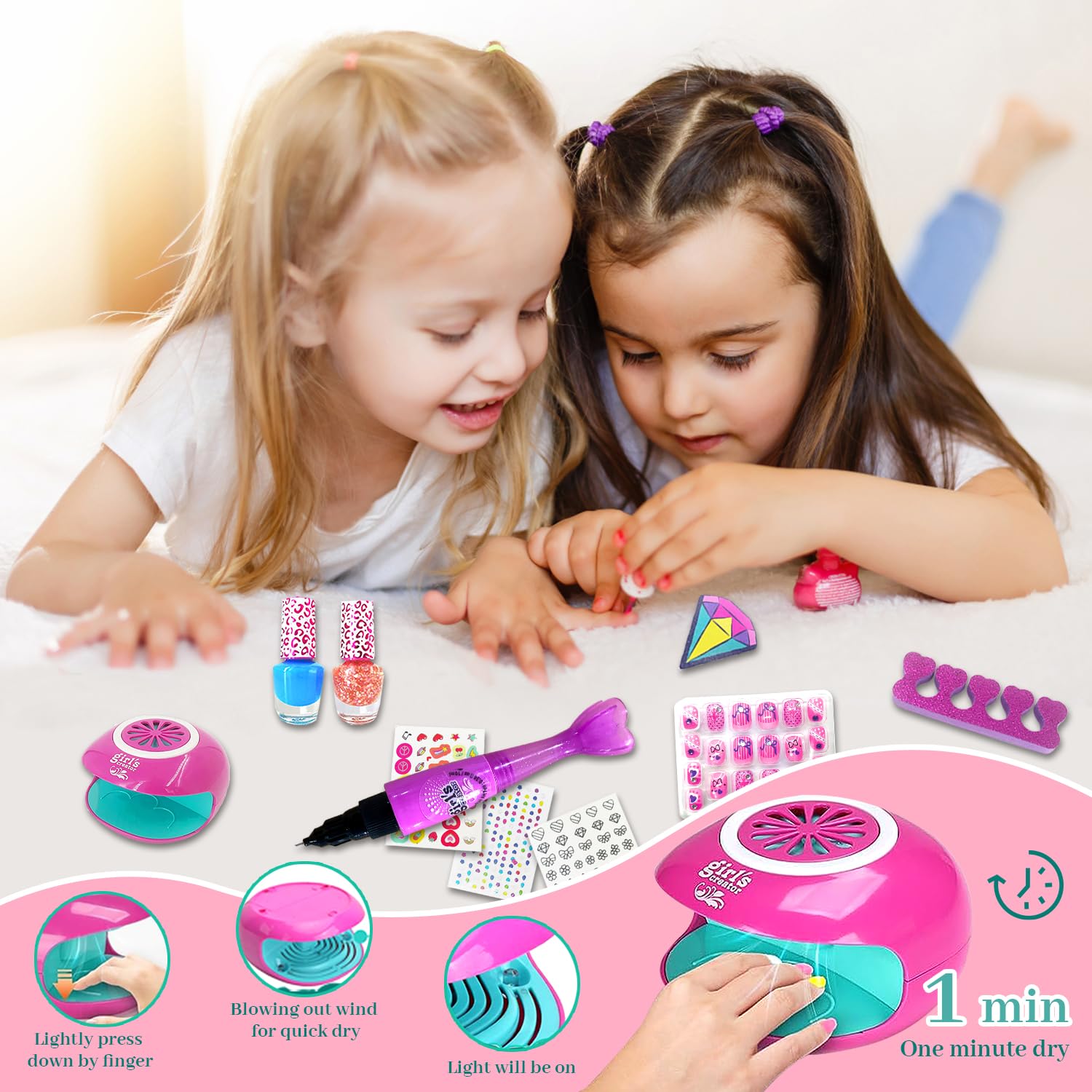 Juego de esmaltes de uñas para niñas, regalo para niñas, kit de uñas para niños de 7 a 12 años, juego de esmalte de uñas no tóxico con secador de