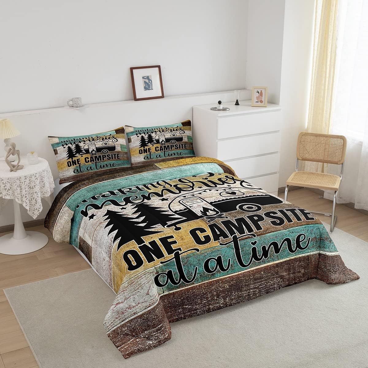 Juego de ropa de cama con temática de cámper, juego de edredón de cabaña de madera marrón y verde, tamaño matrimonial, 3 piezas, decoración de