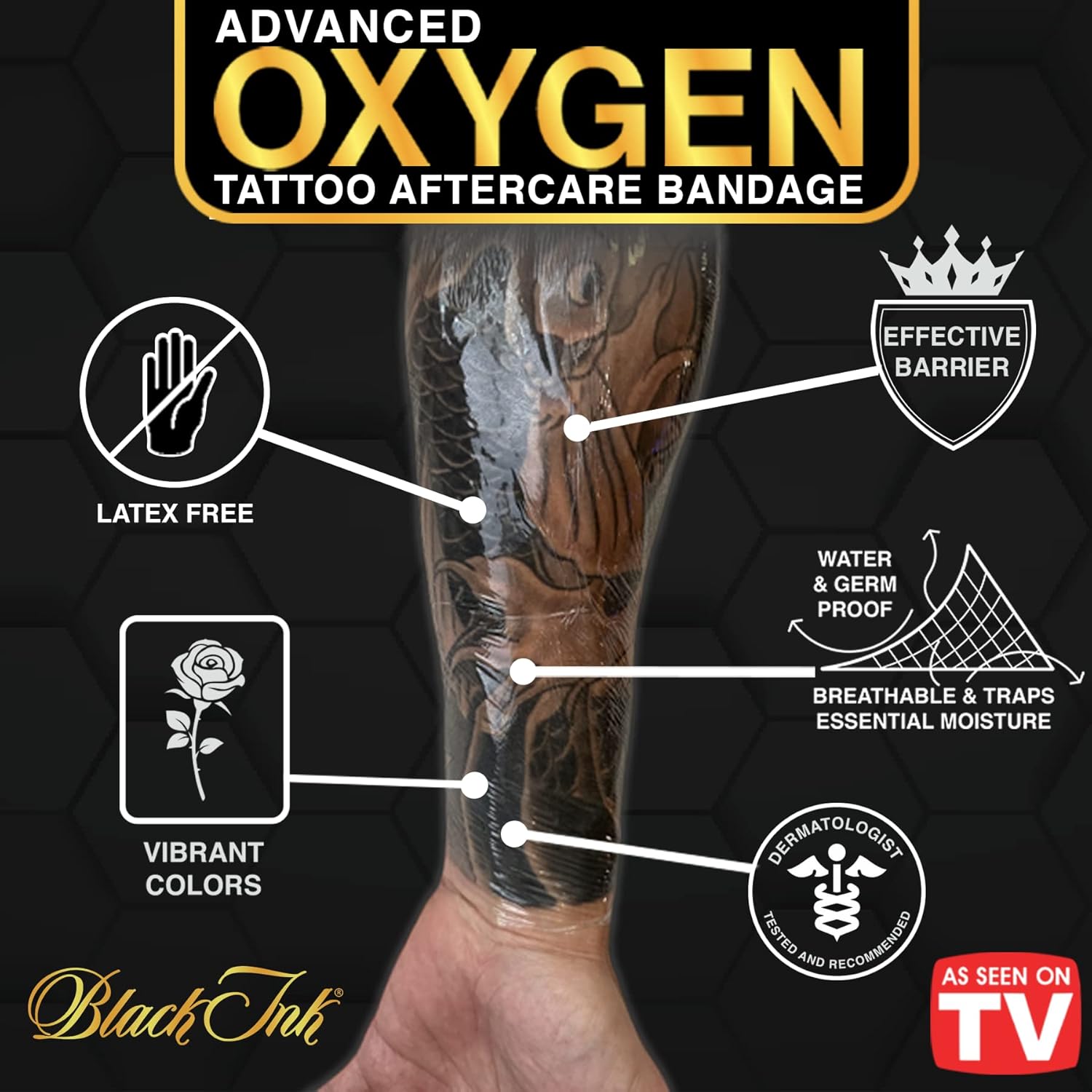 BLACK INK Vendaje de cuidado posterior de tatuajes de segunda piel transpirable con oxígeno  Curación 2 veces más rápida  Cuidado de tatuajes Derm