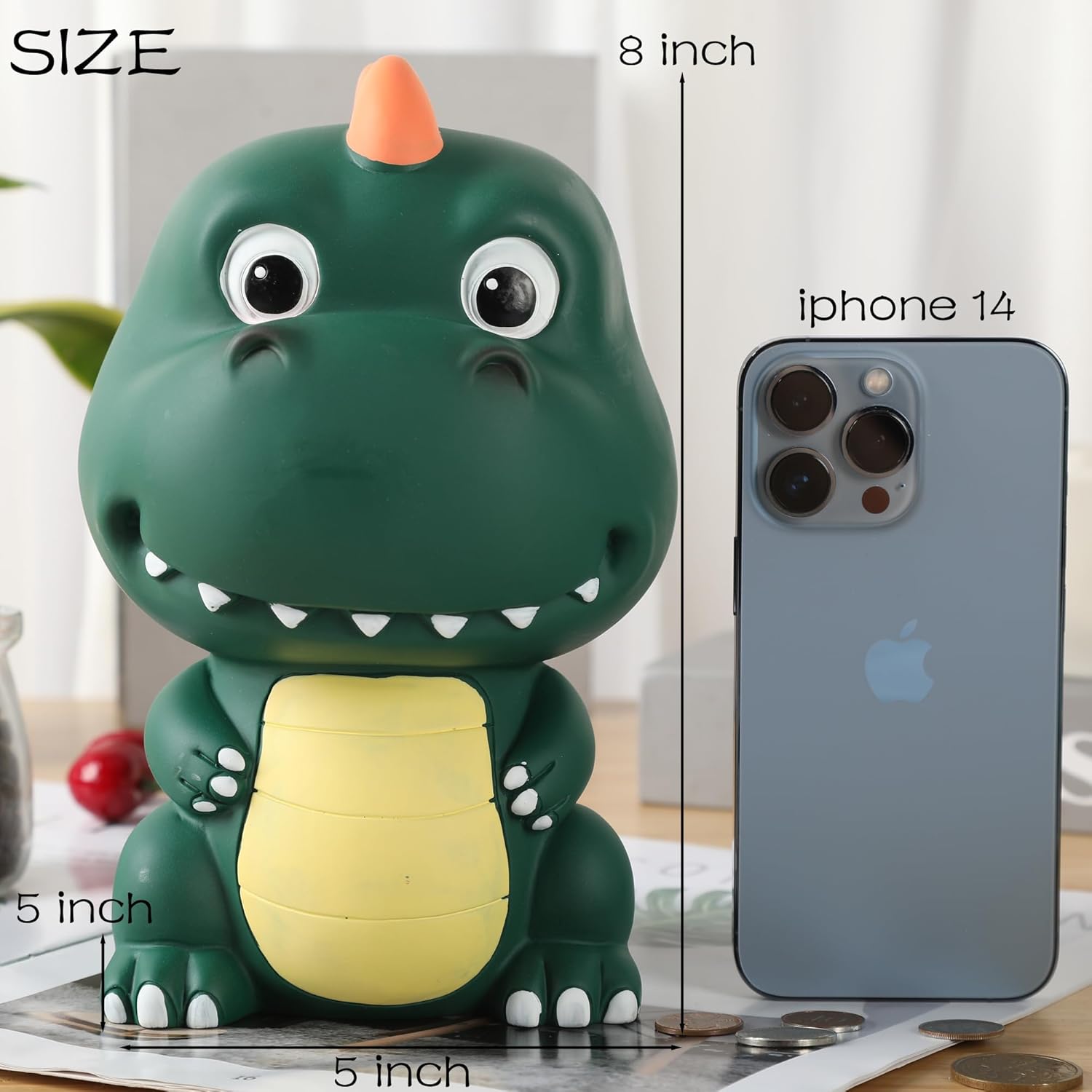 H&W Banco de dinero de dinosaurio con bonita cabeza grande, alcancía de tiranosaurio Rex inastillable, primer banco de monedas, el mejor cumpleaños