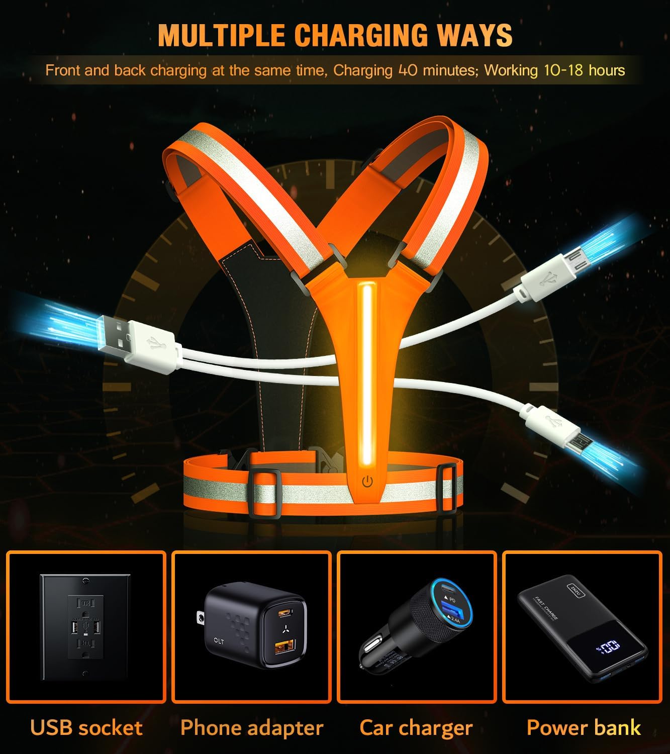Ylzzrs Chaleco reflectante para correr con luz LED, chaleco reflectante para corredores de caminata nocturna, chaleco reflectante LED recargable de