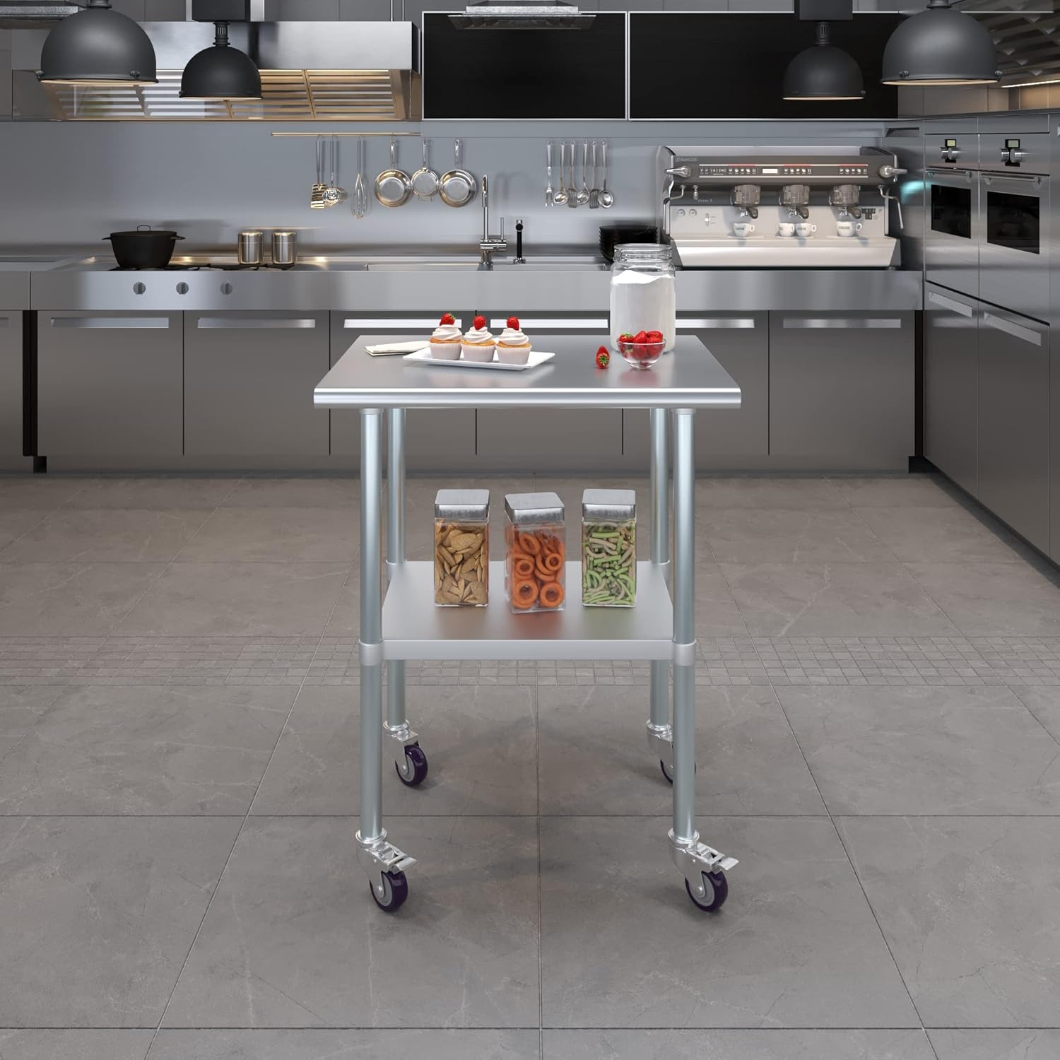 AmGood Mesa de trabajo de acero inoxidable de 24 x 30 pulgadas con ruedas, mesa de metal resistente sobre ruedas, carrito de isla de cocina