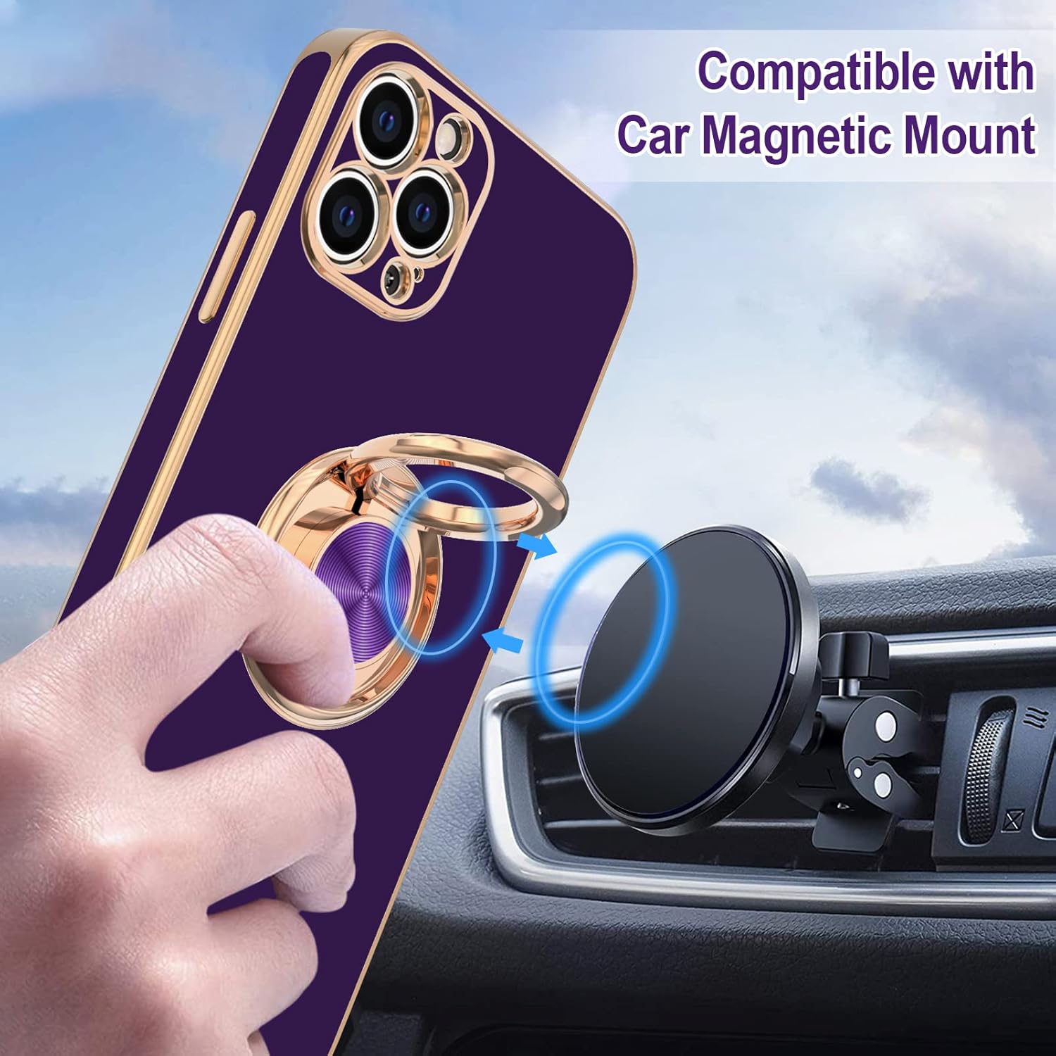 Hython Funda para iPhone 12 Pro Max con soporte de anillo Soporte de anillo giratorio de 360 Soporte magnético Forro de microfibra suave Chapado en
