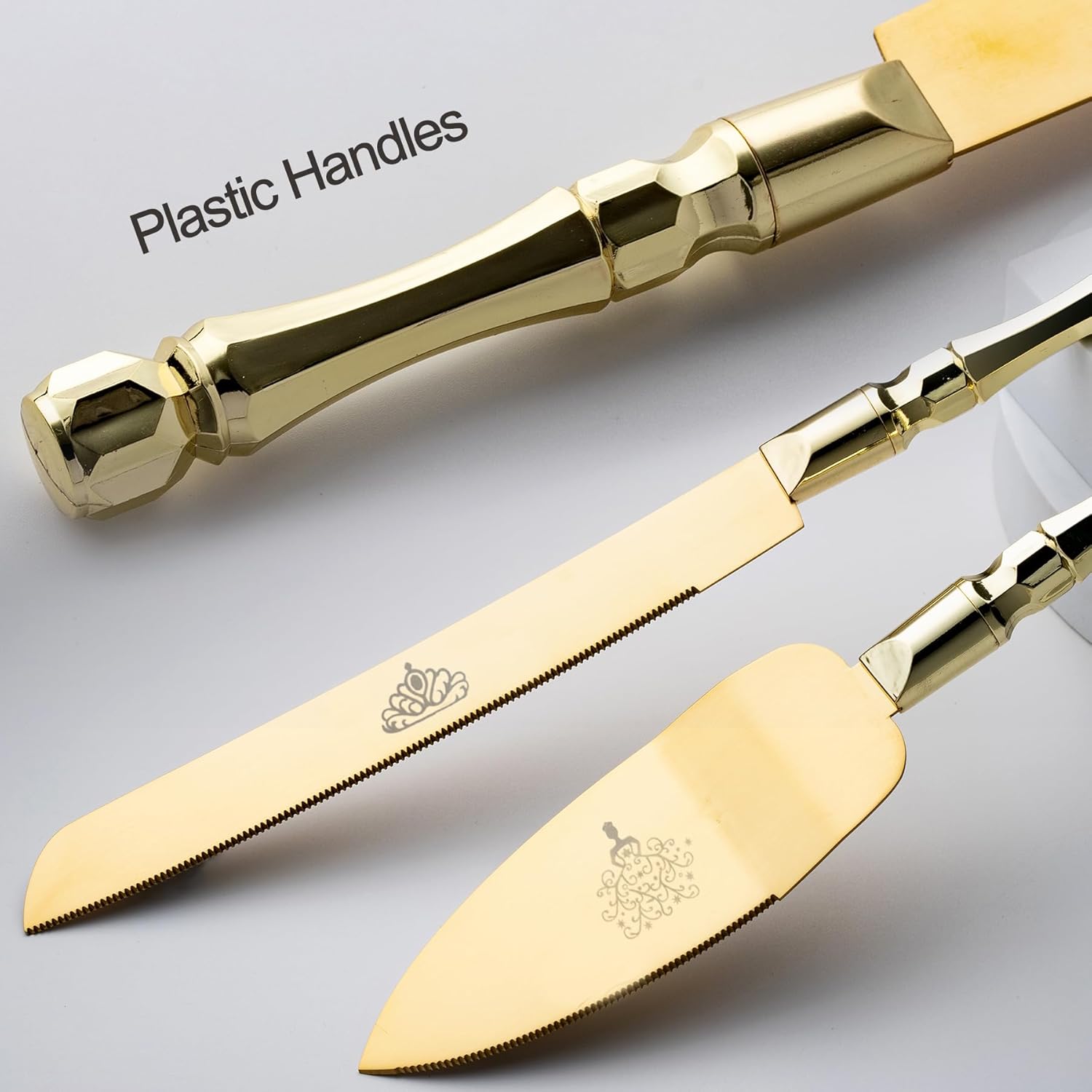 Juego de cuchillos y servidores para tartas de boda, elegantes asas de plástico doradas, juego de corte de pasteles para bodas, cumpleaños,