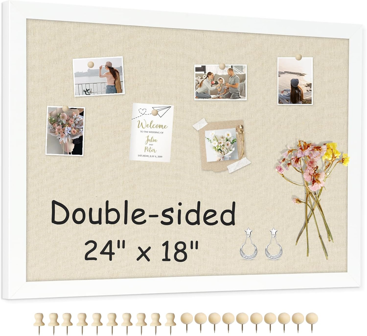 Tablero de corcho grande de doble cara con lino, tablero de anuncios con marco de madera colgante de 24 x 18 pulgadas, tablero de visión de