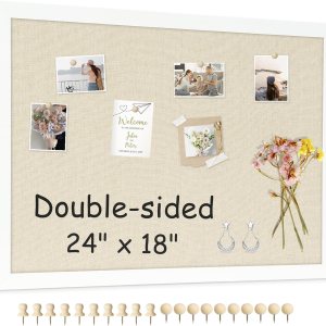Tablero de corcho grande de doble cara con lino, tablero de anuncios con marco de madera colgante de 24 x 18 pulgadas, tablero de visión de Tablero de corcho grande de doble cara con lino, tablero de anuncios con marco de madera colgante de 24 x 18 pulgadas, tablero de visión de