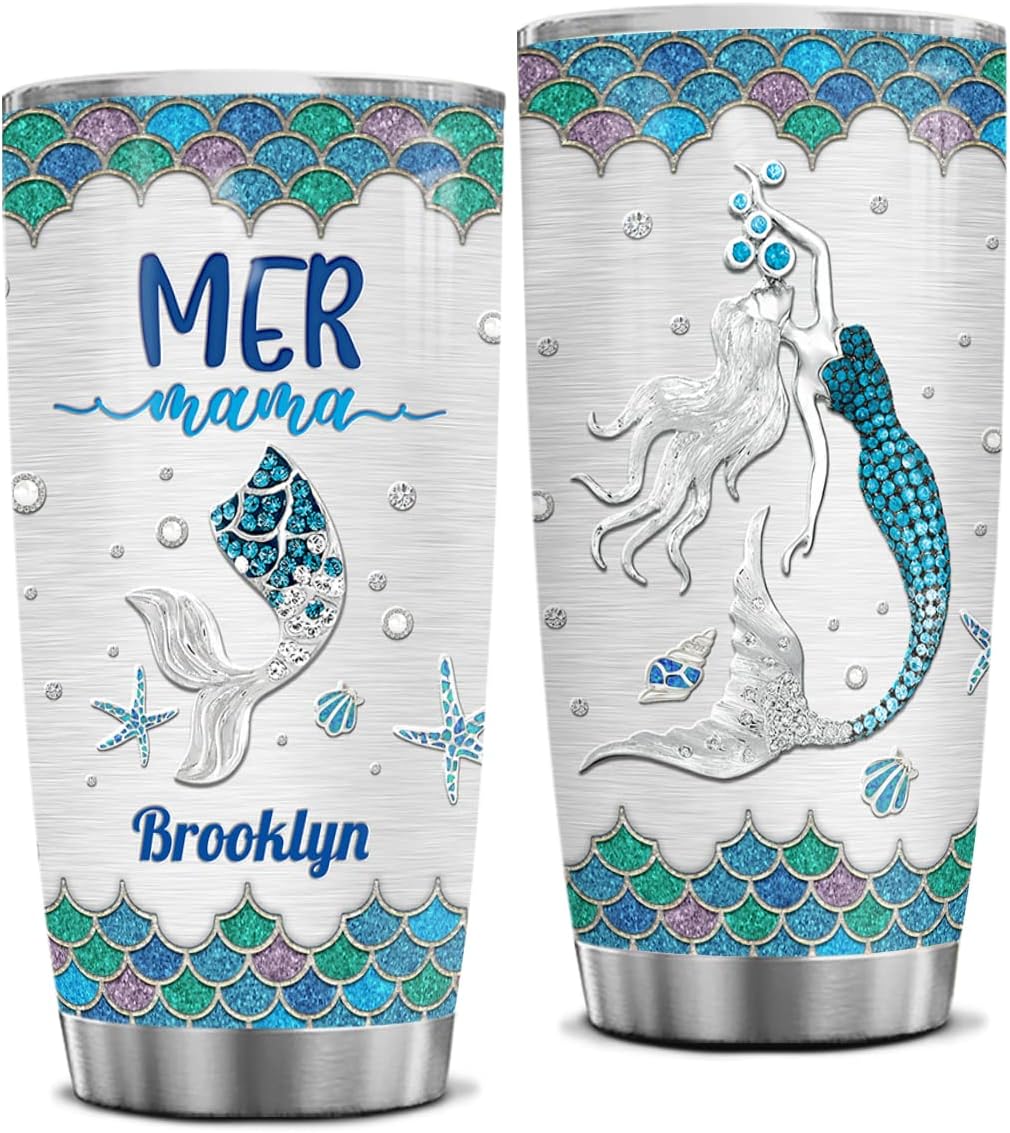 wowcugi Vaso de regalo para mamá de hija e hijo personalizado Mer Mama Taza de sirena con aislamiento térmico de 20 oz 30 oz con tapa, taza de viaje