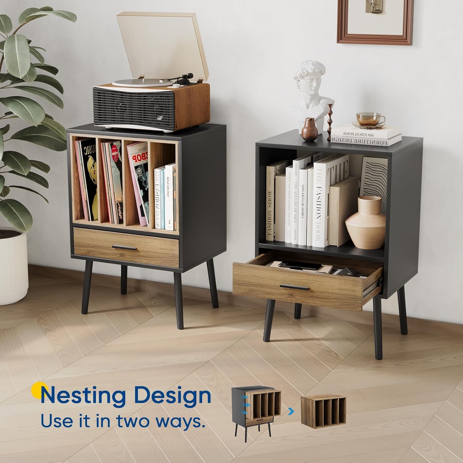 Semiocthome Soporte para tocadiscos con caja de almacenamiento de vinilo anidable, mesa para tocadiscos con cajón y patas de madera maciza, mesa