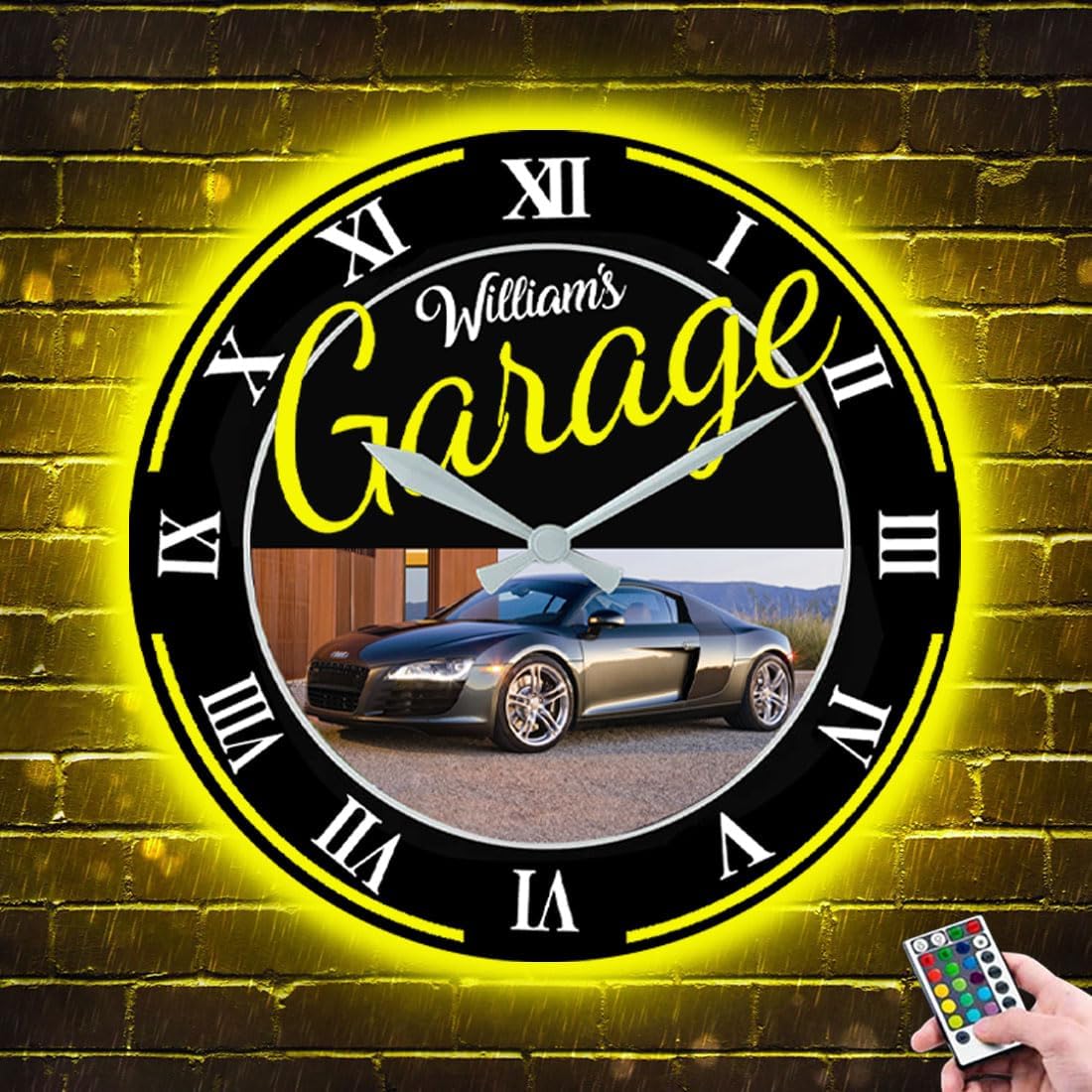 Attention Reloj de pared personalizado con foto para automóvil, luz de reloj de pared de garaje con nombre personalizado, reloj de pared de garaje
