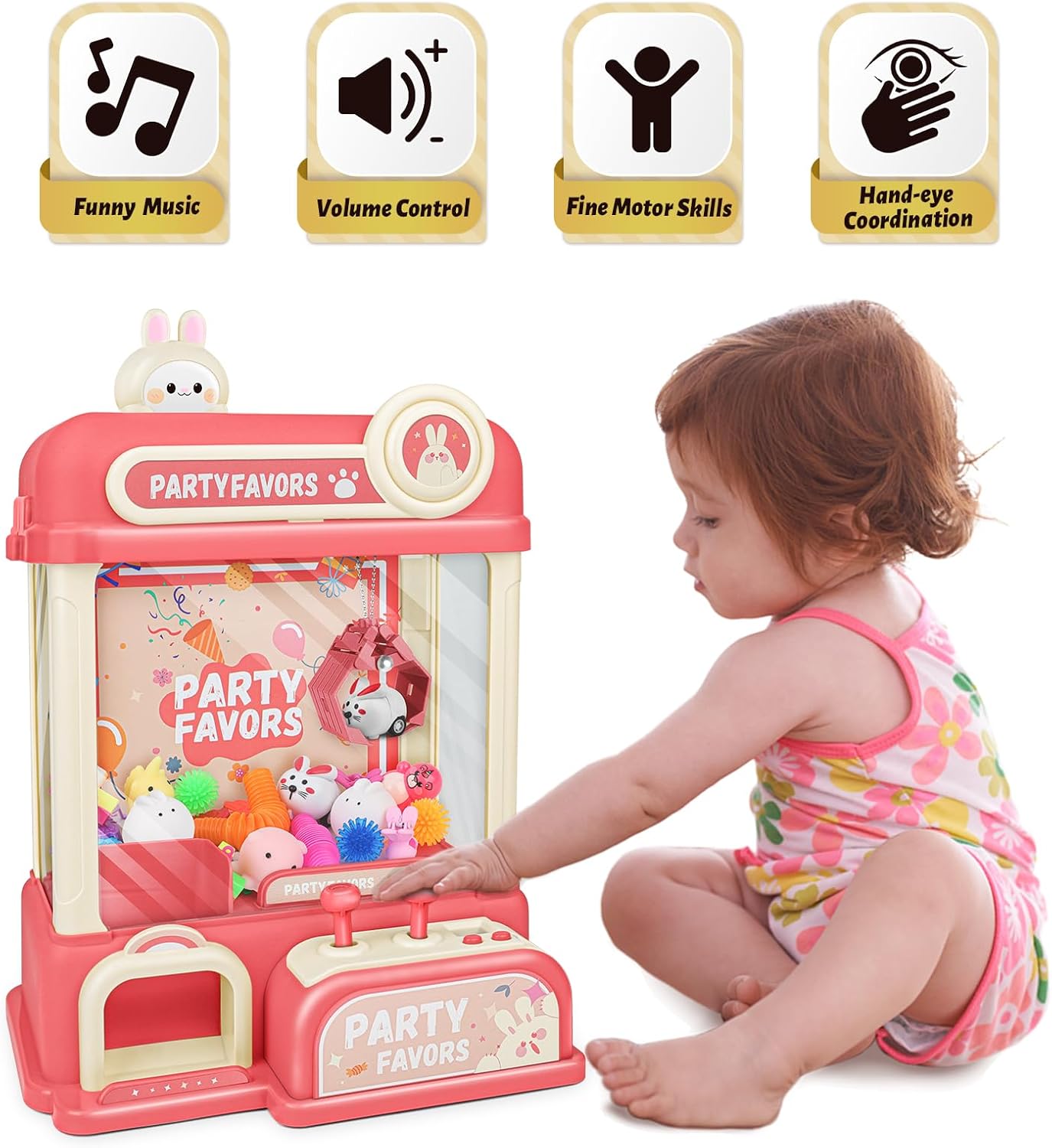 OWNONE 1 Máquina de garras de juguete para niños, máquina de garras de conejo con juguetes en el interior, máquina expendedora de conejo rosa para
