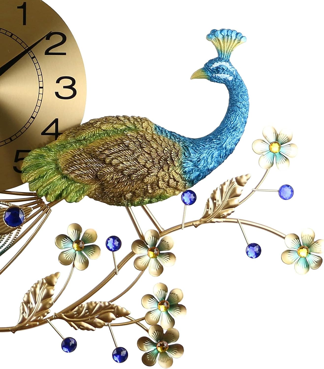 Reloj de pared grande de pavo real con hermosos detalles de cristal