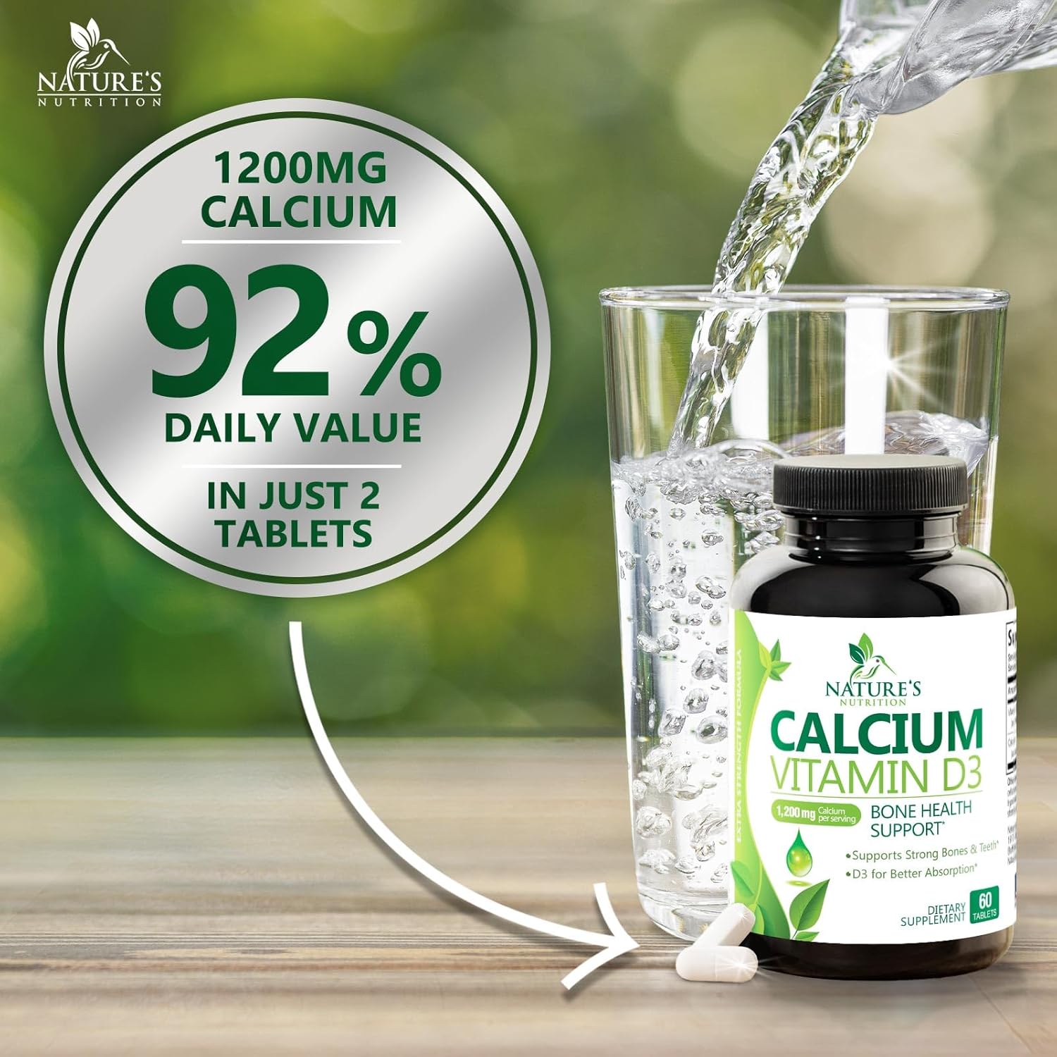 Suplemento de calcio con vitamina D  1200 mg de carbonato de calcio con 1600 UI de vitaminas D3  Apoya la fuerza ósea, los dientes y el sistema