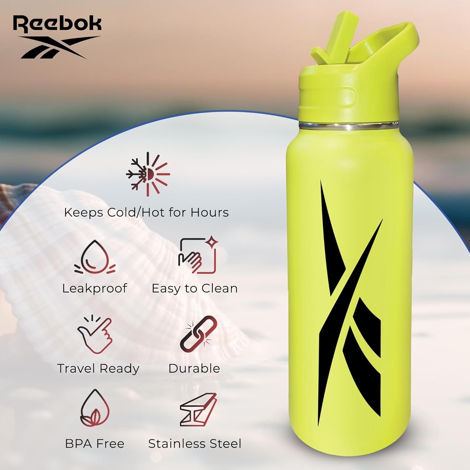 Reebok Botella de agua de acero inoxidable con tapa de popote y diseño atlético, 32 onzas, botella de agua deportiva aislada al vacío de doble pared