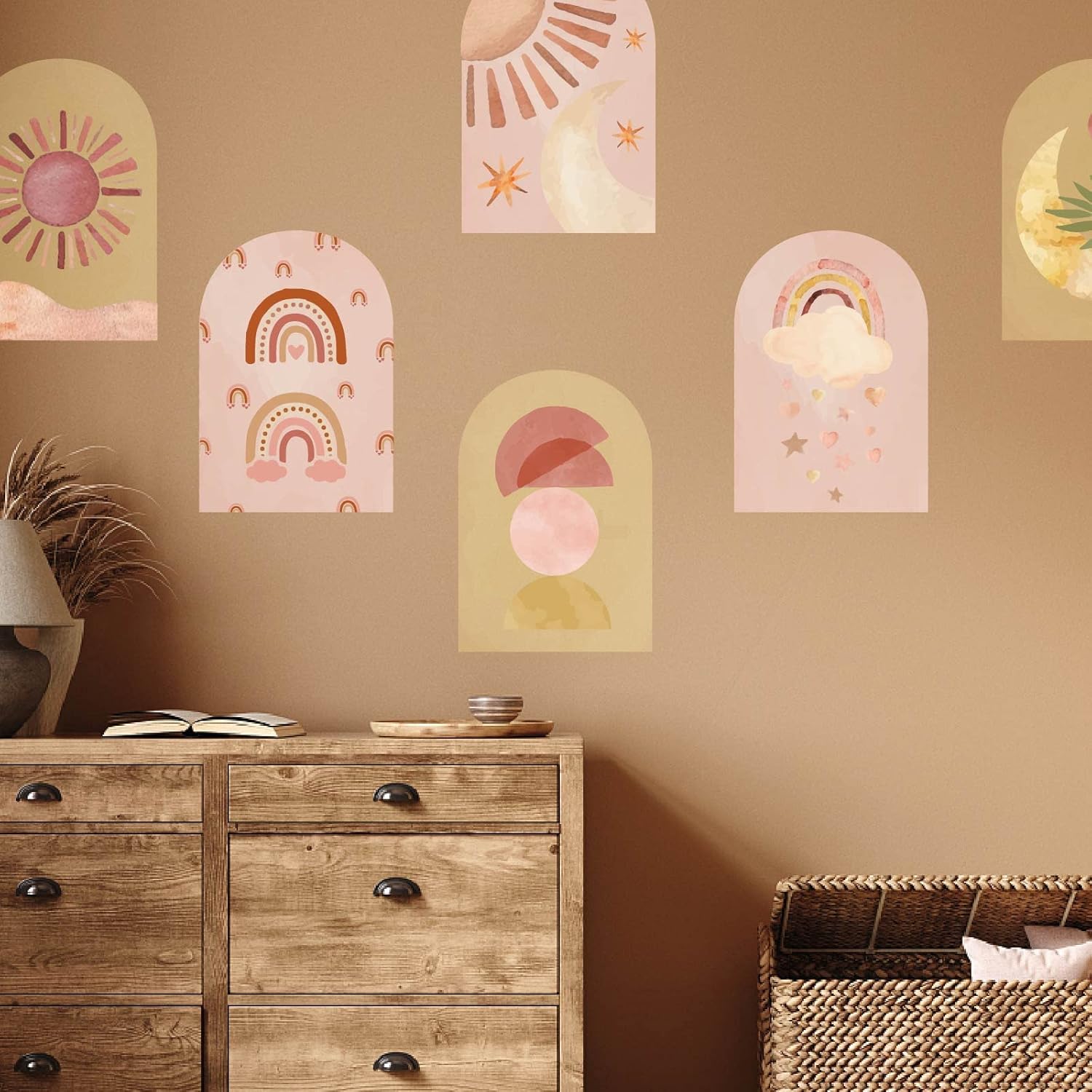 6 calcomanías de pared boho Stlye Sun Moon Star para pared, calcomanías de pared para despegar y pegar, adhesivo de vinilo extraíble para guardería,