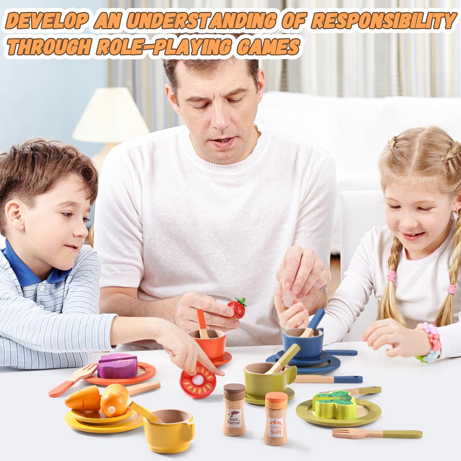 GAGAKU Juego de platos de madera para niños, platos de juego para la cocina de los niños, juego de platos de madera para niños pequeños, accesorios