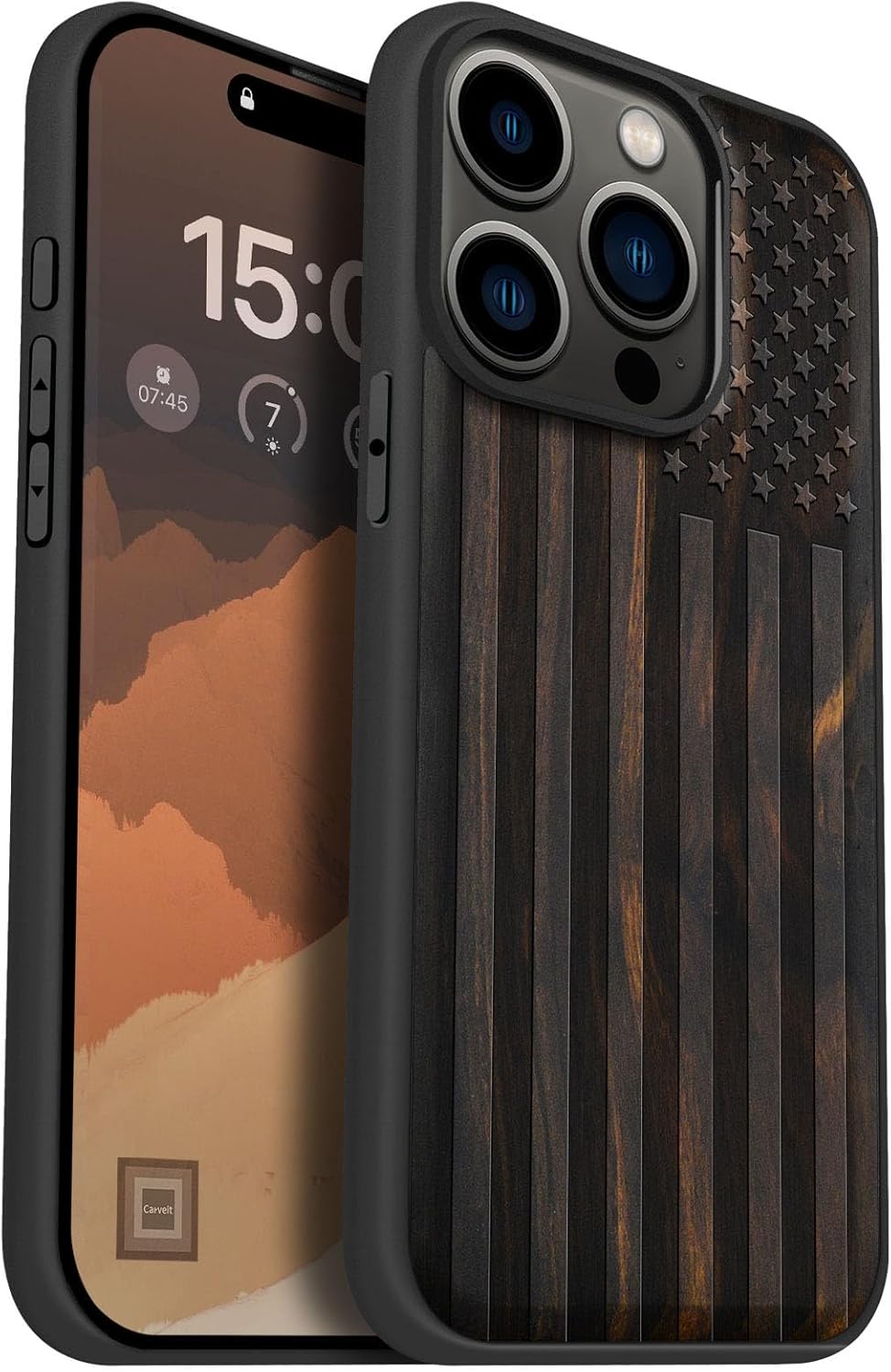 Carveit Funda magnética de madera para iPhone 15 Pro madera maciza y TPU suave negro a prueba de golpes, funda de madera única compatible con