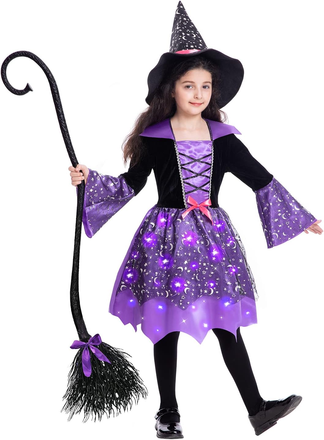 Disfraz de bruja iluminada para niñas, disfraces de bruja de Halloween con escoba de bruja, sombrero para regalo de fiesta de Halloween