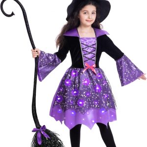 Disfraz de bruja iluminada para niñas, disfraces de bruja de Halloween con escoba de bruja, sombrero para regalo de fiesta de Halloween Disfraz de bruja iluminada para niñas, disfraces de bruja de Halloween con escoba de bruja, sombrero para regalo de fiesta de Halloween
