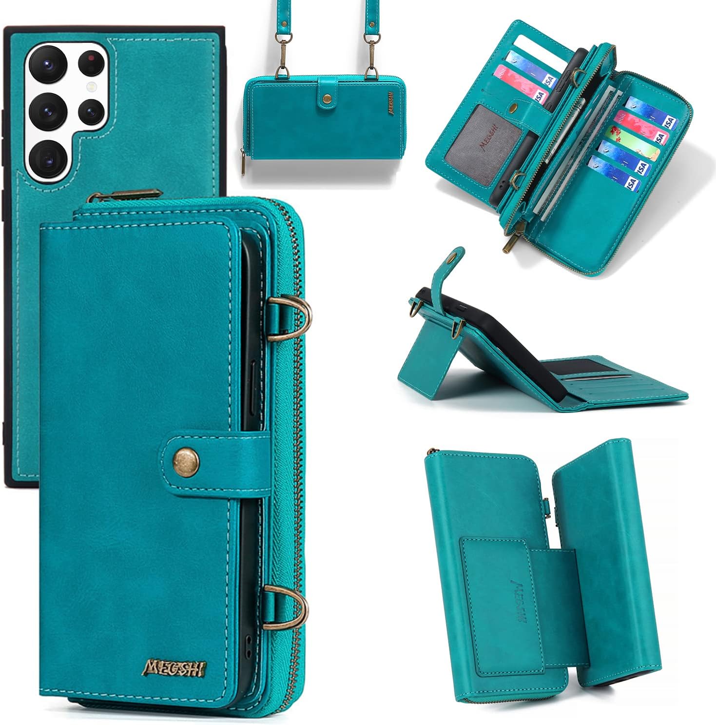 Compatible con Samsung Galaxy S22 Ultra 5G – Funda tipo cartera con correa para el hombro, soporte para tarjetas, multifunción, 2 en 1, funda