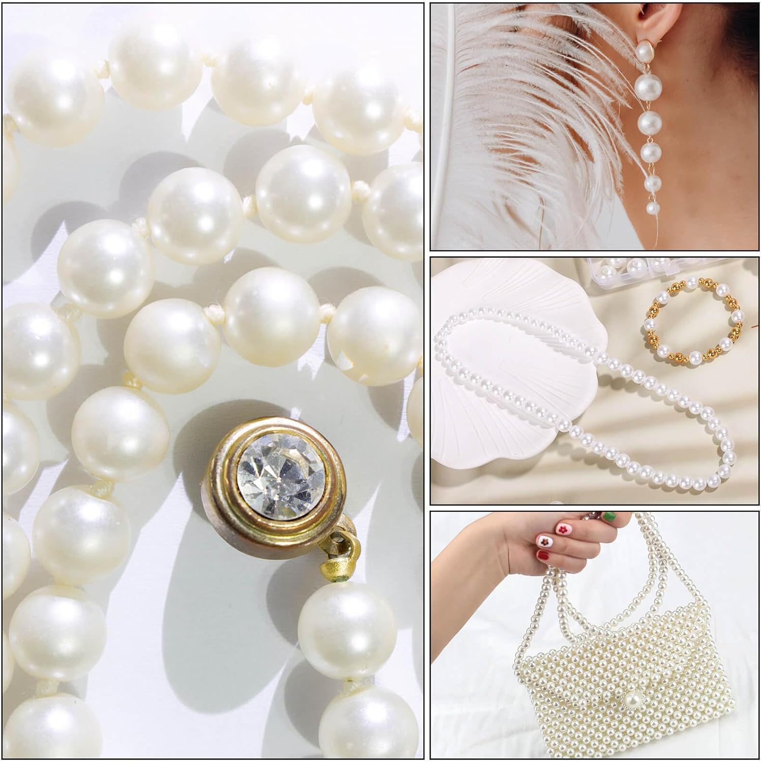 ROADPLUM 1947 cuentas de perlas para hacer joyas, cuentas blancas y doradas para manualidades con agujeros, cuentas rellenas de oro para hacer
