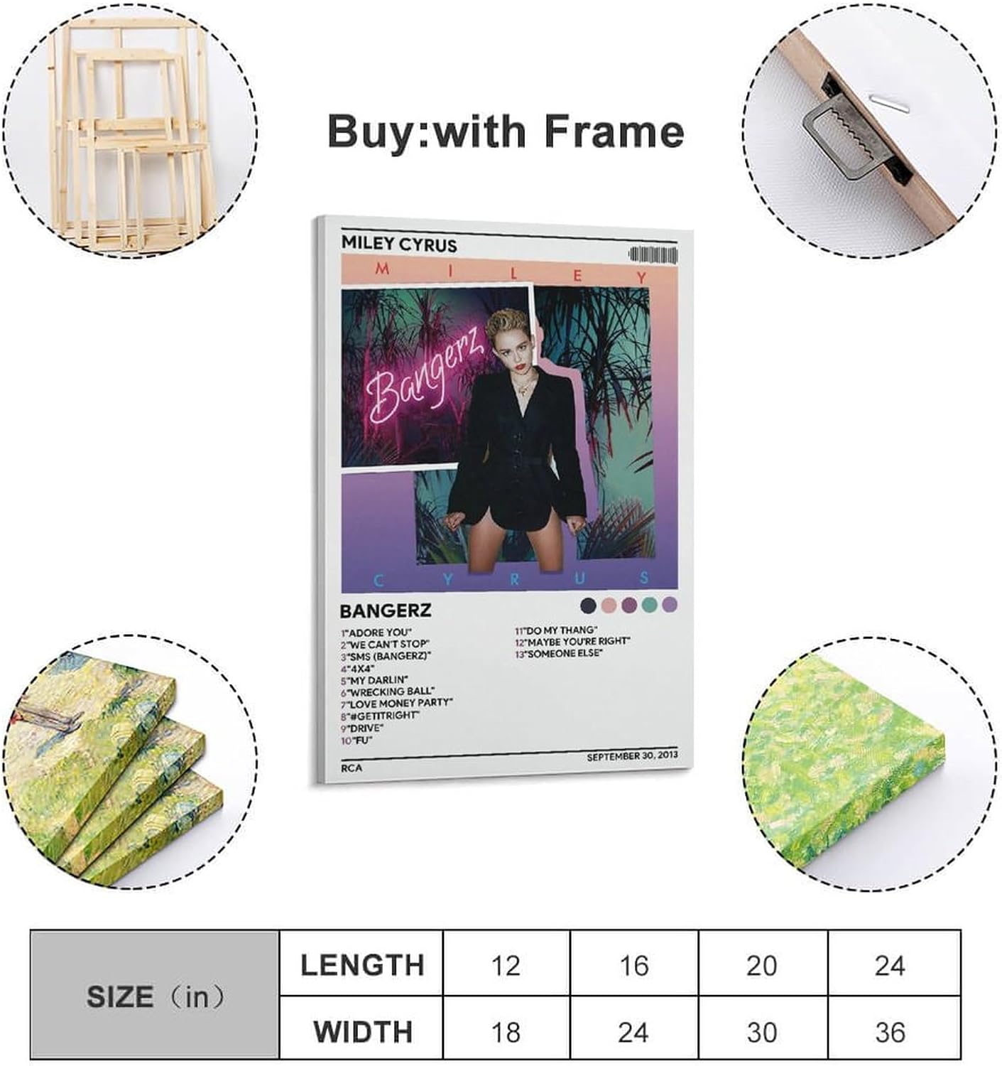Miley Cyrus – Póster de Bangerz 007 en lienzo para decoración de dormitorio, paisaje, oficina, San Valentín, cumpleaños, regalo, marco, estilo 24 x